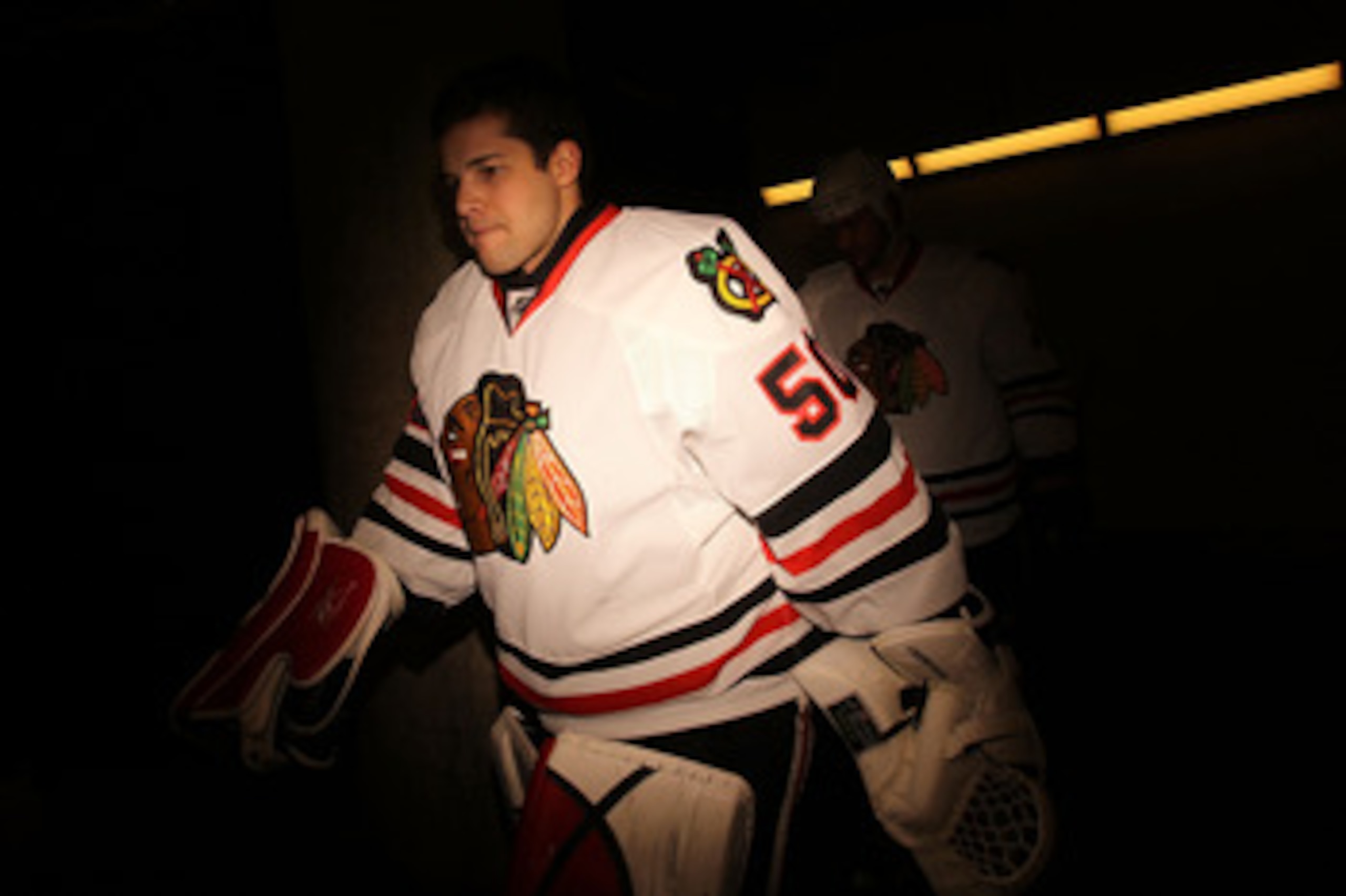 DALLAS, TX - FEBRUARY 11:  Goaltender Corey Crawford #50 of the Chicago Blackhawks at American Airlines Center on February 11, 2011 in Dallas, Texas.  (Photo by Ronald Martinez/Getty Images)
