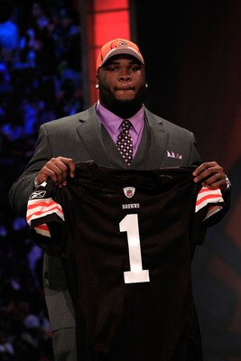 NEW YORK, NY - APRIL 28:  Phil Taylor, #21 overall pick by the Cleveland Browns, holds up a jersey on stage during the 2011 NFL Draft at Radio City Music Hall on April 28, 2011 in New York City.  (Photo by Chris Trotman/Getty Images)