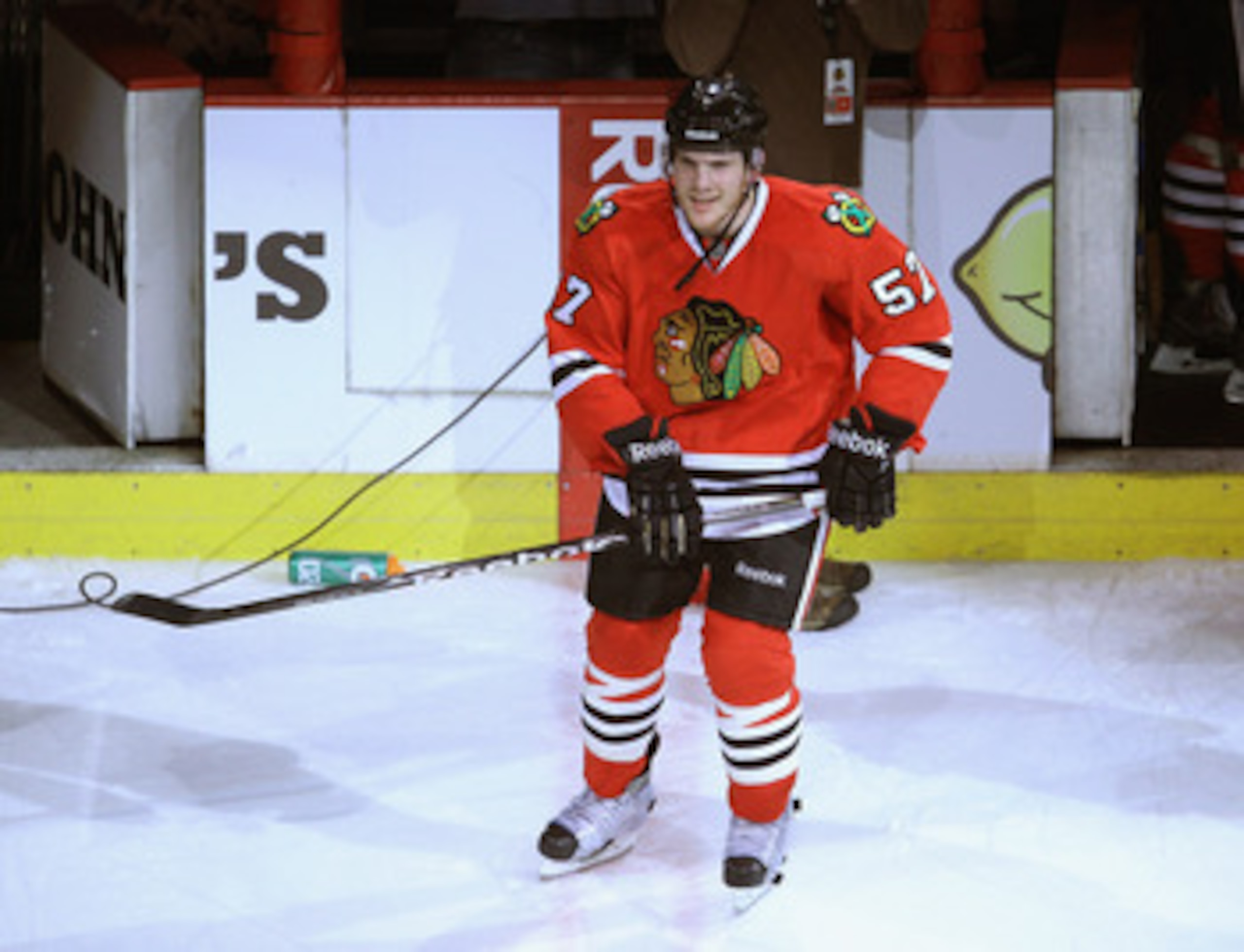 CHICAGO, IL - APRIL 24: Ben Smith #57 of the Chicago Blackhawks is introduced to the crowd as 'the star of the game' after scoring the winning goal against the Vancouver Canucks in Game Six of the Western Conference Quarterfinals during the 2011 NHL Stanl