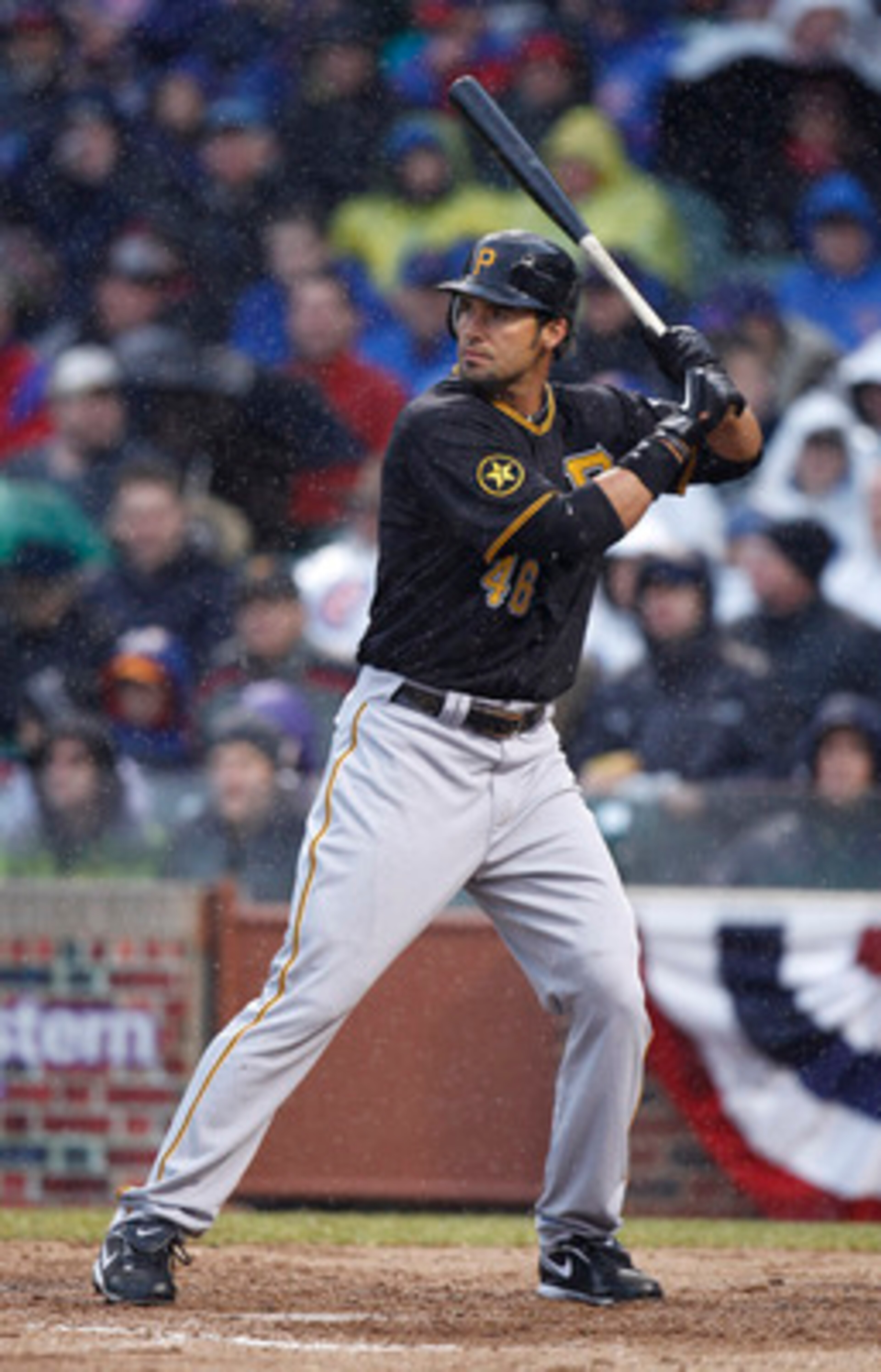 CHICAGO, IL - APRIL 01: Garrett Jones #46 of the Pittsburgh Pirates bats while playing the Chicago Cubs during opening day at Wrigley Field on April 1, 2011 in Chicago, Illinois. (Photo by Gregory Shamus/Getty Images) CHICAGO, IL - APRIL 01: Garrett Jones #46 of the Pittsburgh Pirates bats while playing the Chicago Cubs during opening day at Wrigley Field on April 1, 2011 in Chicago, Illinois. (Photo by Gregory Shamus/Getty Images)