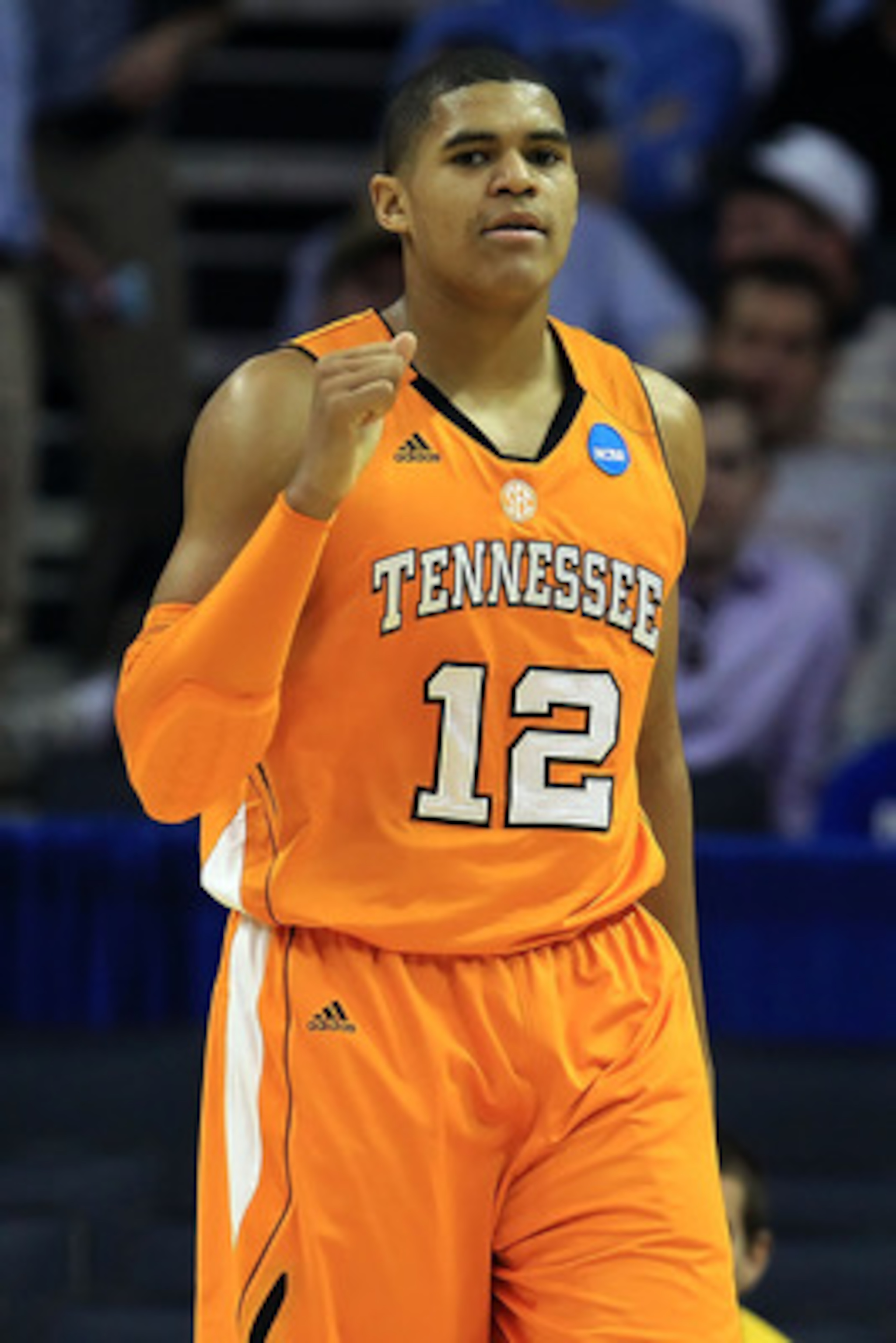 CHARLOTTE, NC - MARCH 18:  Tobias Harris #12 of the Tennessee Volunteers reacts in the first half while taking on the Michigan Wolverines during the second round of the 2011 NCAA men's basketball tournament at Time Warner Cable Arena on March 18, 2011 in
