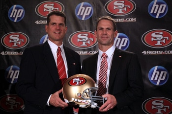SAN FRANCISCO, CA - JANUARY 07: Jim Harbaugh and general manager Trent Baalke pose for a picture following a press conference where Harbaugh was introduced as the new San Francisco 49ers head coach at the Palace Hotel on January 7, 2011 in San Francisco, SAN FRANCISCO, CA - JANUARY 07: Jim Harbaugh and general manager Trent Baalke pose for a picture following a press conference where Harbaugh was introduced as the new San Francisco 49ers head coach at the Palace Hotel on January 7, 2011 in San Francisco,