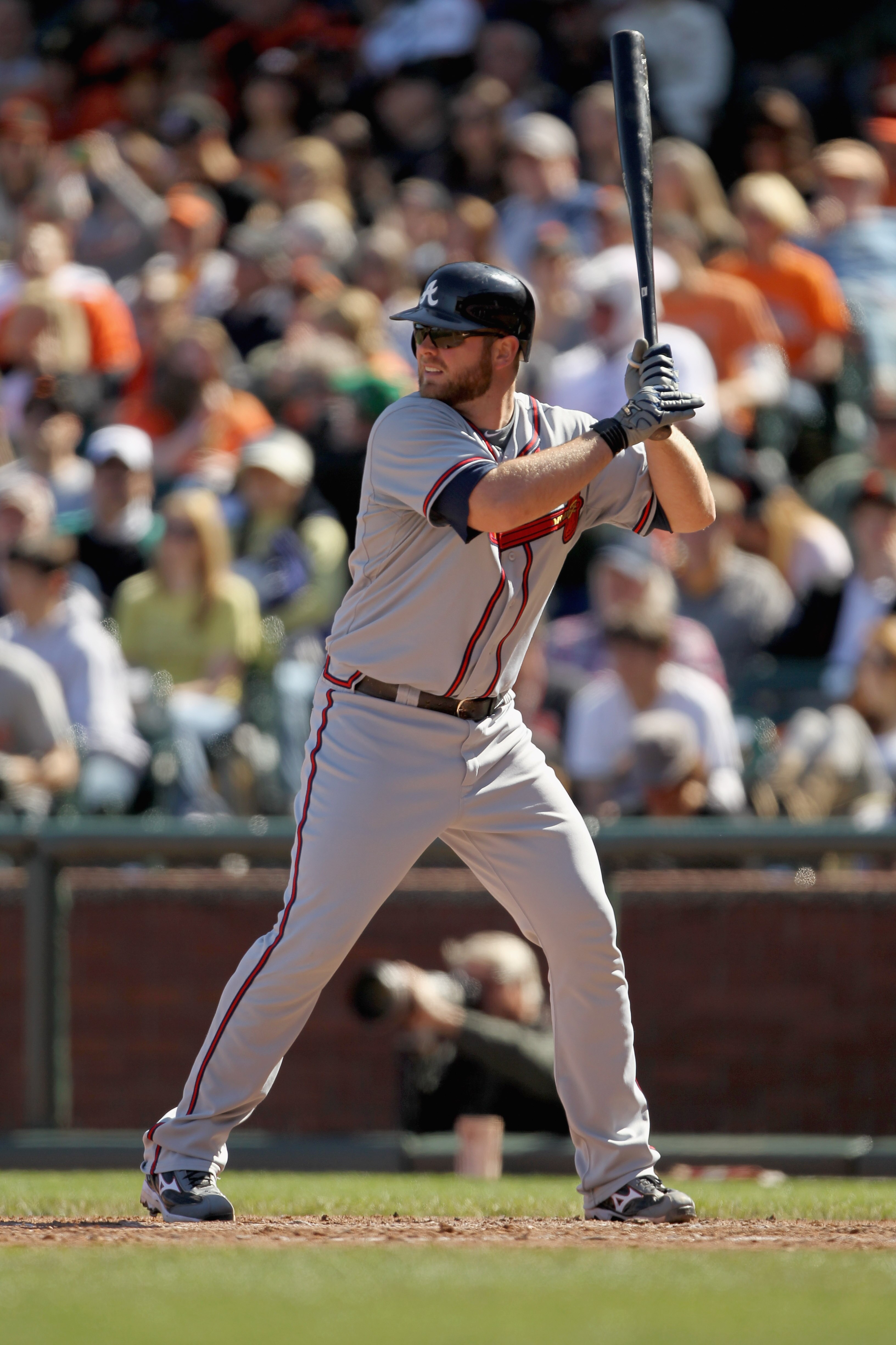 SAN FRANCISCO, CA - APRIL 24:  Brian McCann #16 of the Atlanta Braves in action against the San Francisco Giants at AT&T Park on April 24, 2011 in San Francisco, California.  (Photo by Ezra Shaw/Getty Images)