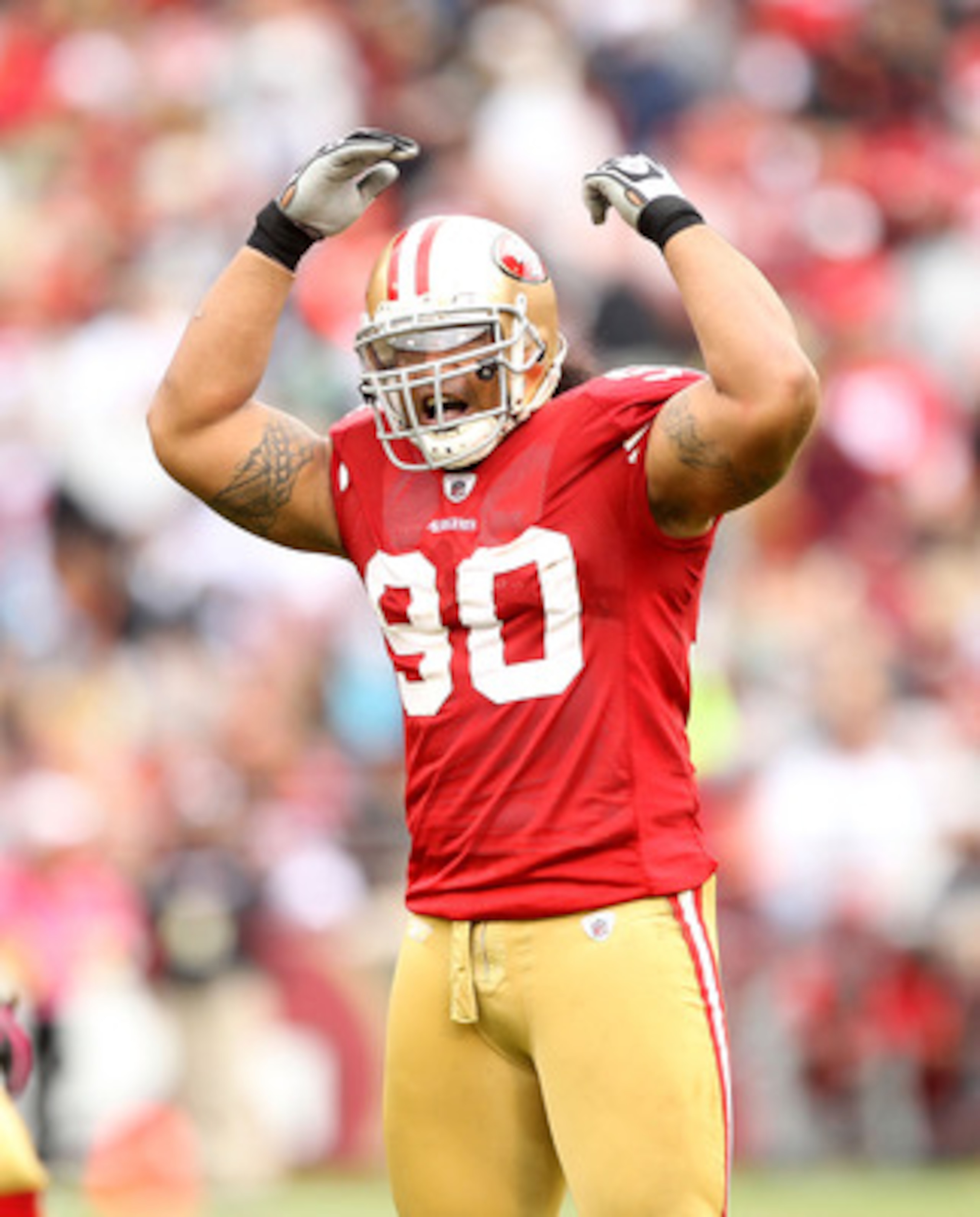 SAN FRANCISCO - OCTOBER 17:  Isaac Sopoaga #90 of the San Francisco 49ers in action against the Oakland Raiders at Candlestick Park on October 17, 2010 in San Francisco, California.  (Photo by Ezra Shaw/Getty Images)