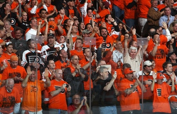 PHILADELPHIA, PA - APRIL 26:  Philadelphia Flyers fans celebrate during the second period of their game against the Buffalo Sabres in Game Seven of the Eastern Conference Quarterfinals during the 2011 NHL Stanley Cup Playoffs at Wells Fargo Center on Apri