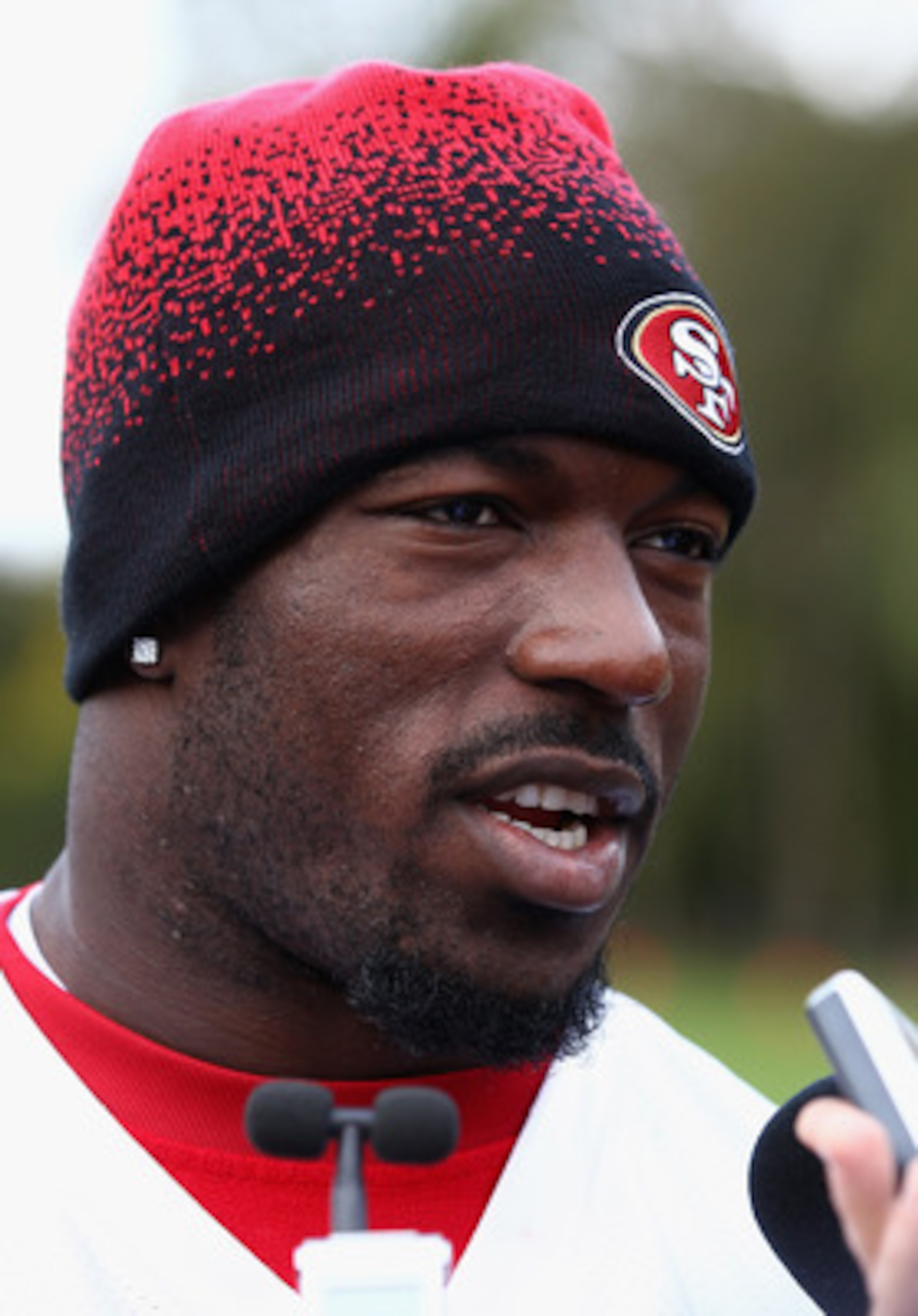 HERTFORD, ENGLAND - OCTOBER 27:  Patrick Willis of the San Francisco 49ers talks to the media outside The Grove Hotel on October 27, 2010 in Hertford, England. The San Francisco 49ers will meet the Denver Broncos in the NFL International Series regular-se