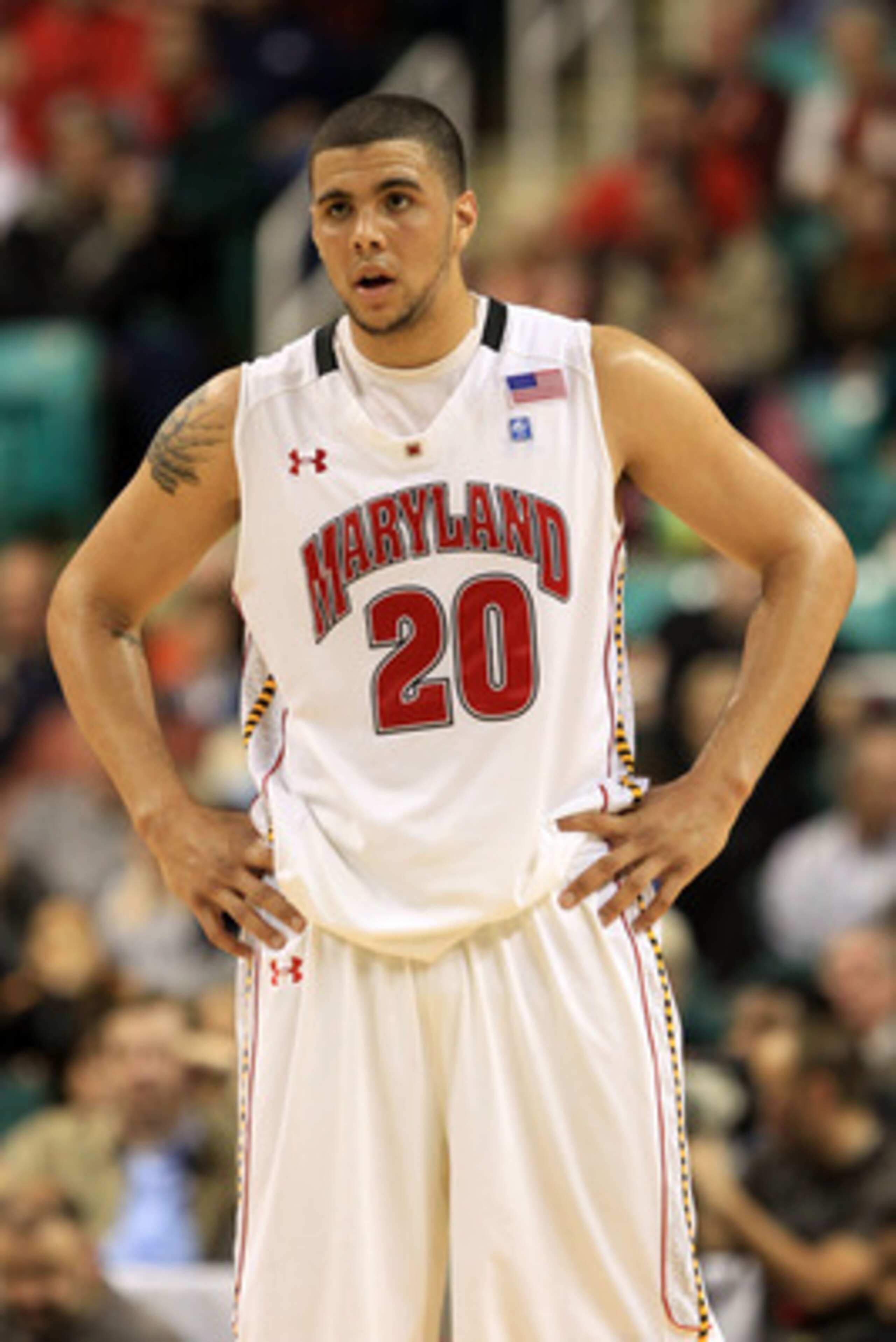 GREENSBORO, NC - MARCH 10:  Jordan Williams #20 of the Maryland Terrapins looks on during the first half of the game against the North Carolina State Wolfpack in the first round of the 2011 ACC men's basketball tournament at the Greensboro Coliseum on Mar