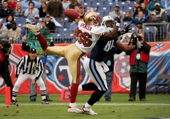 NASHVILLE, TN - NOVEMBER 27: Shawntee Spencer #36 of the San Francisco 49ers breaks up a pass in the end zone intended for Erron Kinney #88 of the Tennessee Titans during week 12 NFL action on November 27, 2005 at the Coliseum in Nashville, Tennessee. (P NASHVILLE, TN - NOVEMBER 27: Shawntee Spencer #36 of the San Francisco 49ers breaks up a pass in the end zone intended for Erron Kinney #88 of the Tennessee Titans during week 12 NFL action on November 27, 2005 at the Coliseum in Nashville, Tennessee. (P