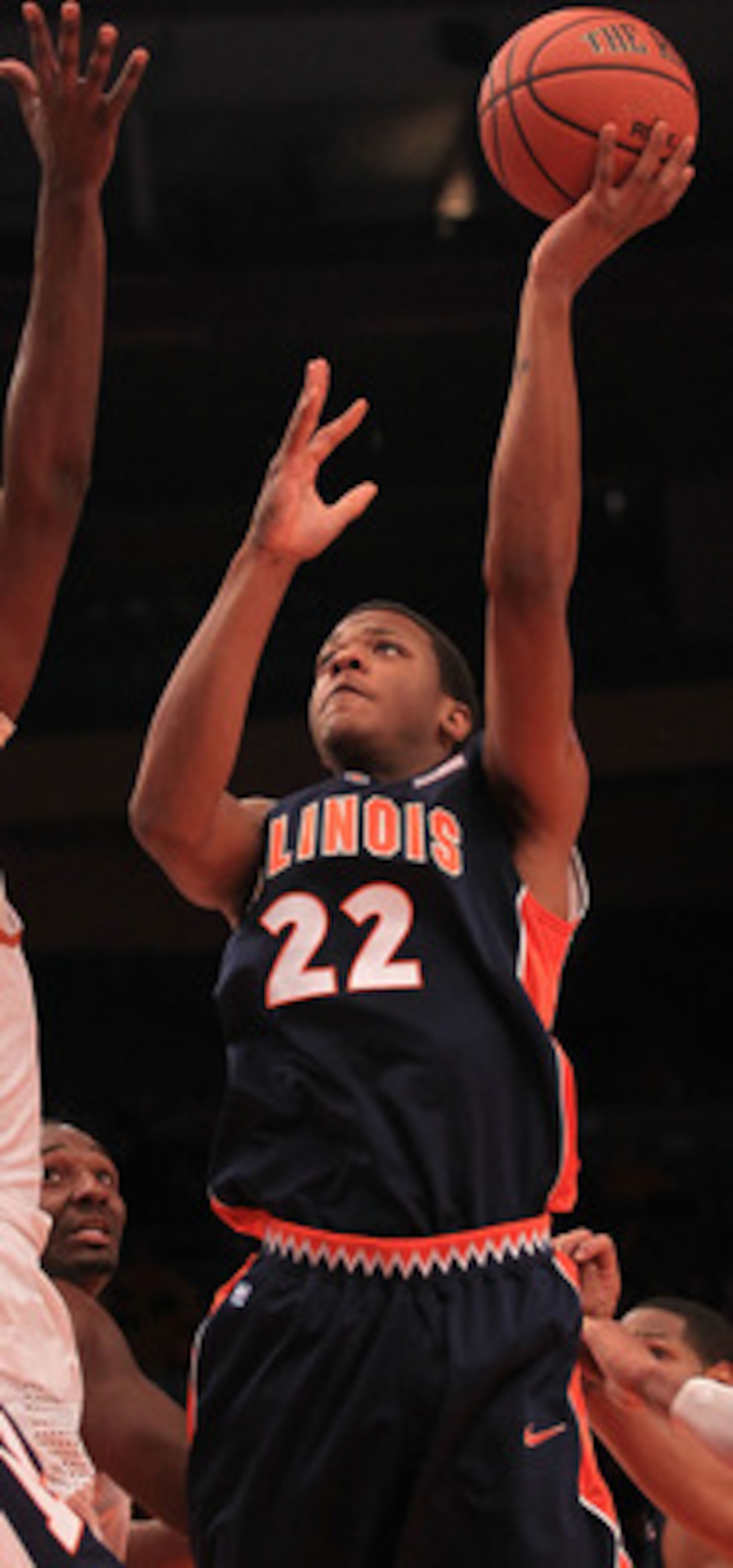 NEW YORK - NOVEMBER 18: Jereme Richmond #22 of the Illinois Fighting Illini shoots over Tristan Thompson #13 of the Texas Longhorns during the 2k Sports Classic at Madison Square Garden on November 18, 2010 in New York, New York.  (Photo by Chris McGrath/