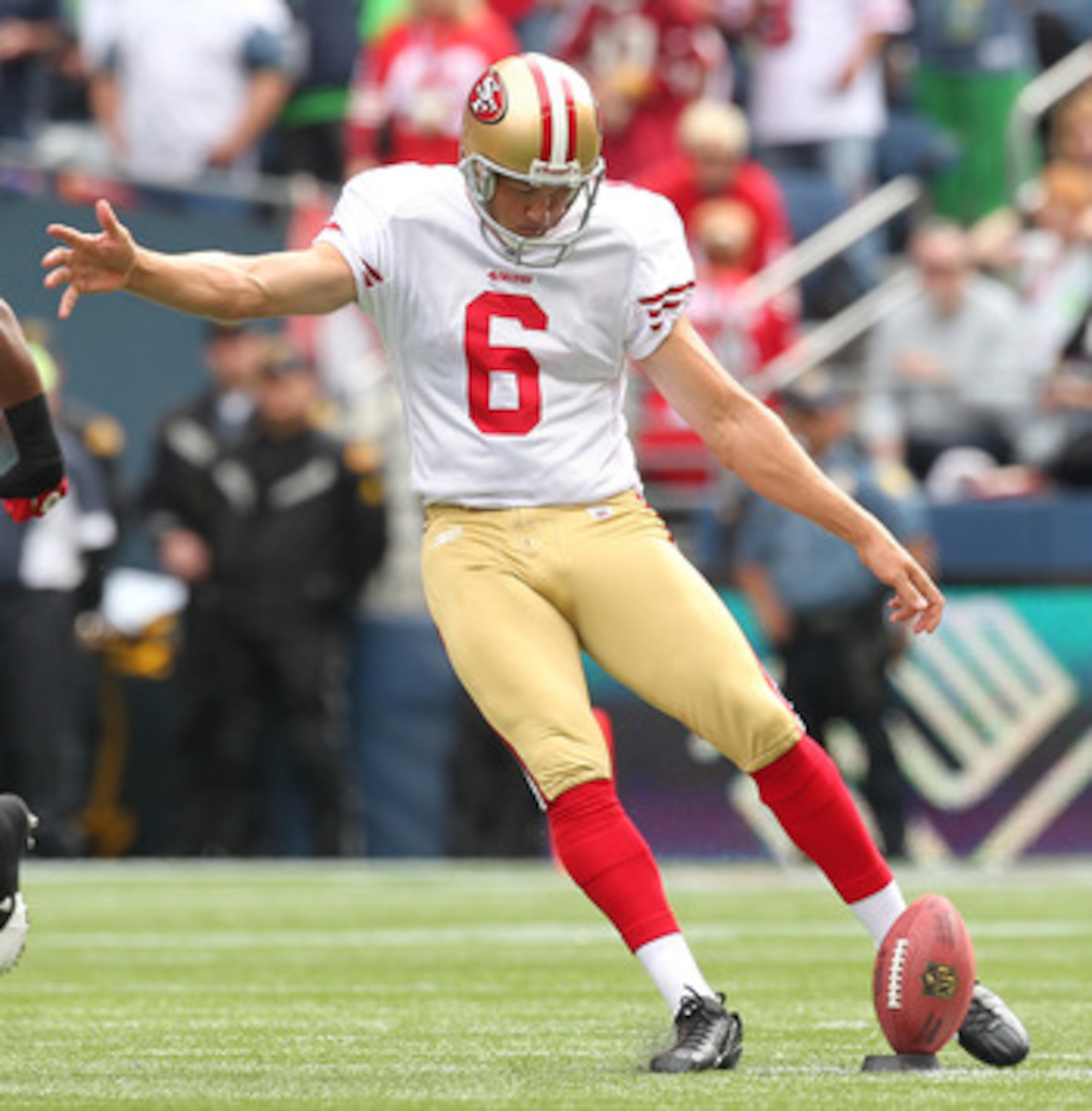 SEATTLE - SEPTEMBER 12:  Joe Nedney #6 of the San Francisco 49ers kicks off to start the game during the NFL season opener against the Seattle Seahawks at Qwest Field on September 12, 2010 in Seattle, Washington. (Photo by Otto Greule Jr/Getty Images)