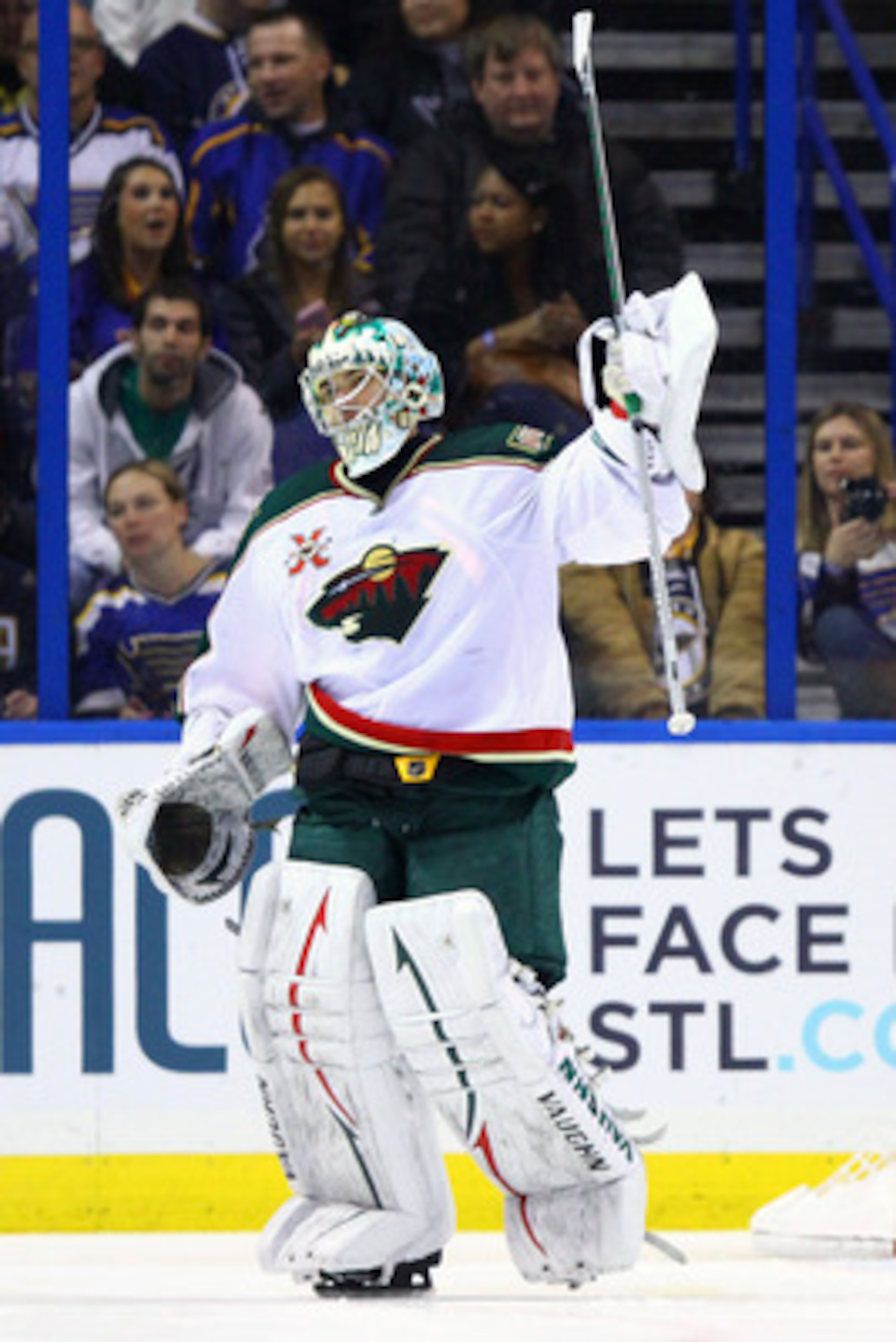 ST. LOUIS, MO - MARCH 29: Jose Theodore #60 of the Minnesota Wild celebrates a victory over the St. Louis Blues at the Scottrade Center on March 29, 2011 in St. Louis, Missouri.  The Wild beat the Blues 3-2 in a shoot out.  (Photo by Dilip Vishwanat/Getty