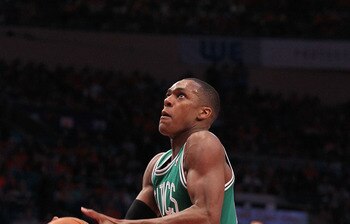 MIAMI, FL - MAY 01:  Rajon Rondo #9  of the Boston Celtics points during Game One of the Eastern Conference Semifinals of the 2011 NBA Playoffs against the Miami Heat at American Airlines Arena on May 1, 2011 in Miami, Florida. NOTE TO USER: User expressl