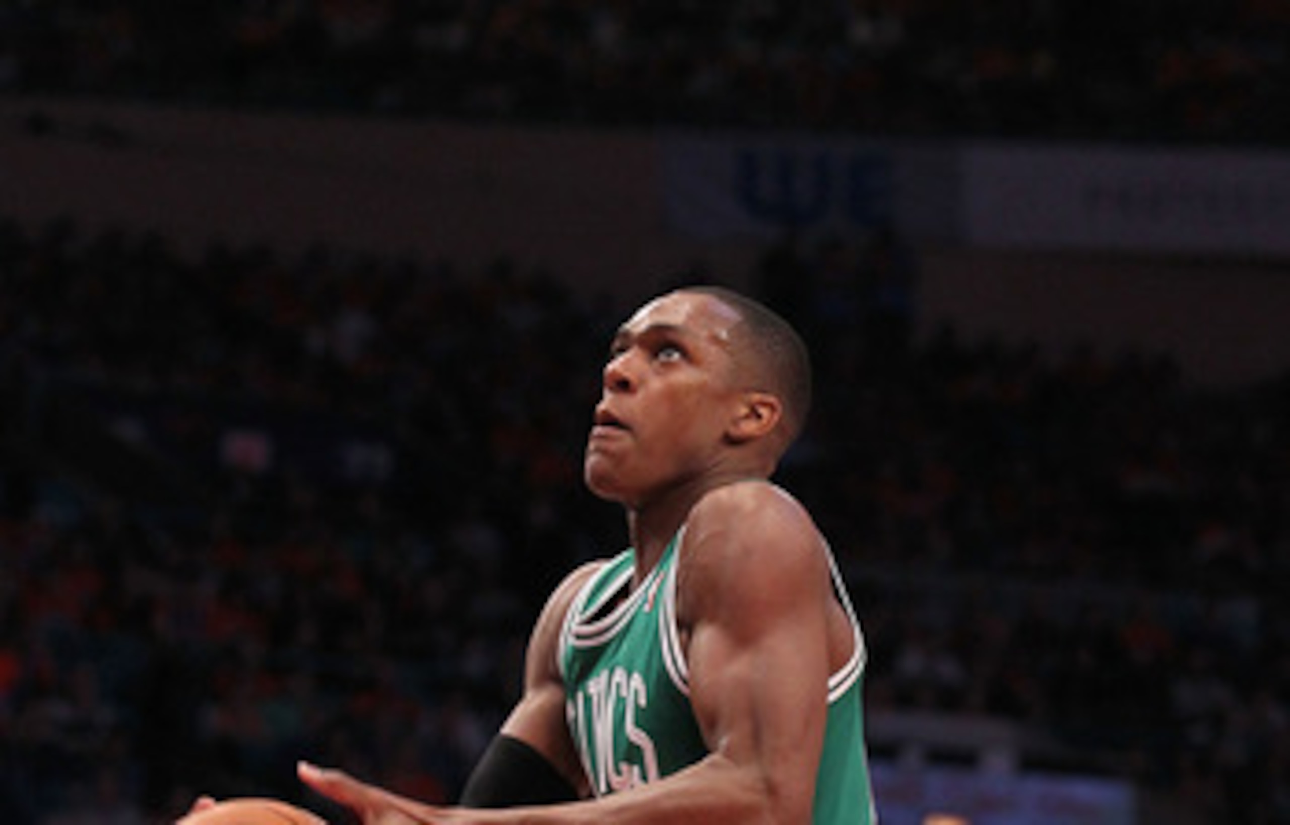 MIAMI, FL - MAY 01:  Rajon Rondo #9  of the Boston Celtics points during Game One of the Eastern Conference Semifinals of the 2011 NBA Playoffs against the Miami Heat at American Airlines Arena on May 1, 2011 in Miami, Florida. NOTE TO USER: User expressl