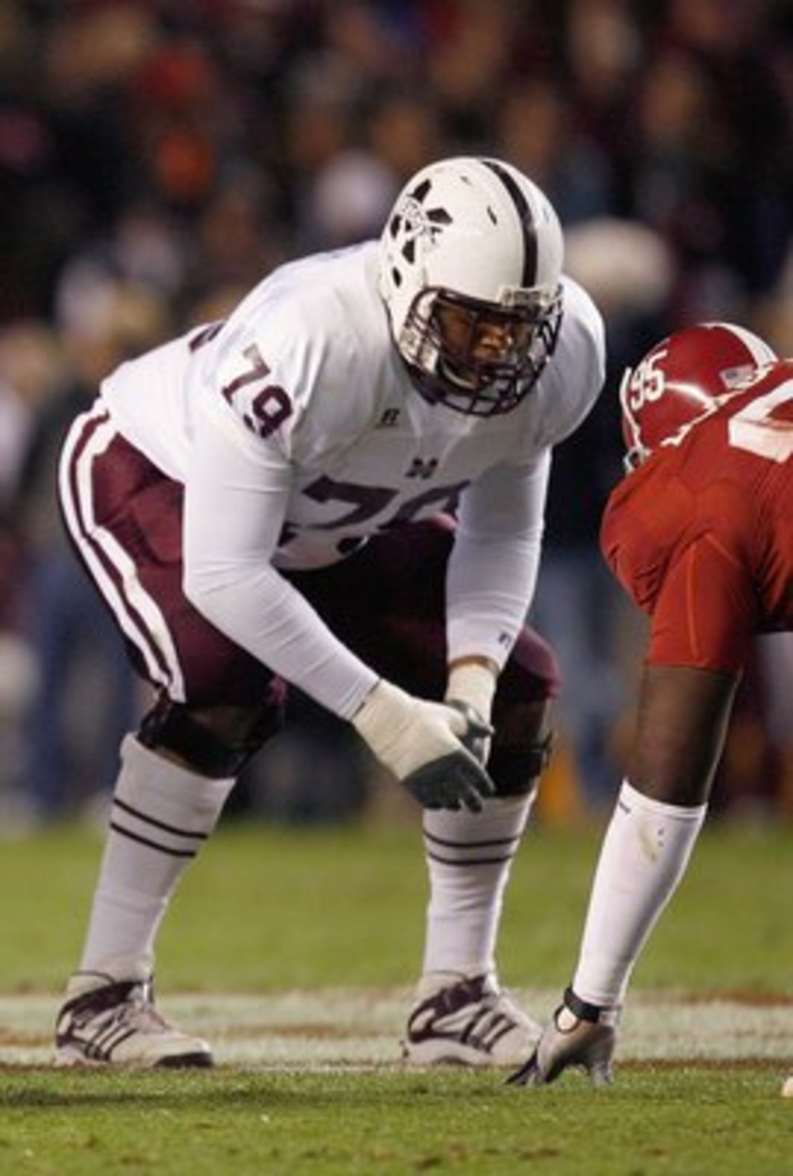 TUSCALOOSA, AL - NOVEMBER 15:  J.C. Brignone #70 and Derek Sherrod #79of the Mississippi State Bulldogs get ready on the line of scrimmage during the game against the Alabama Crimson Tide at Bryant-Denny Stadium on November 15, 2008 in Tuscaloosa, Alabama