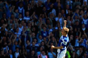 BIRMINGHAM, ENGLAND - MAY 01:  Seb Larsson of Birmingham celebrates scoring his teams first goal of the game during the Barclays Premier League match between Birmingham City and Wolverhampton Wanderers at St Andrews on May 1, 2011 in Birmingham, England. 