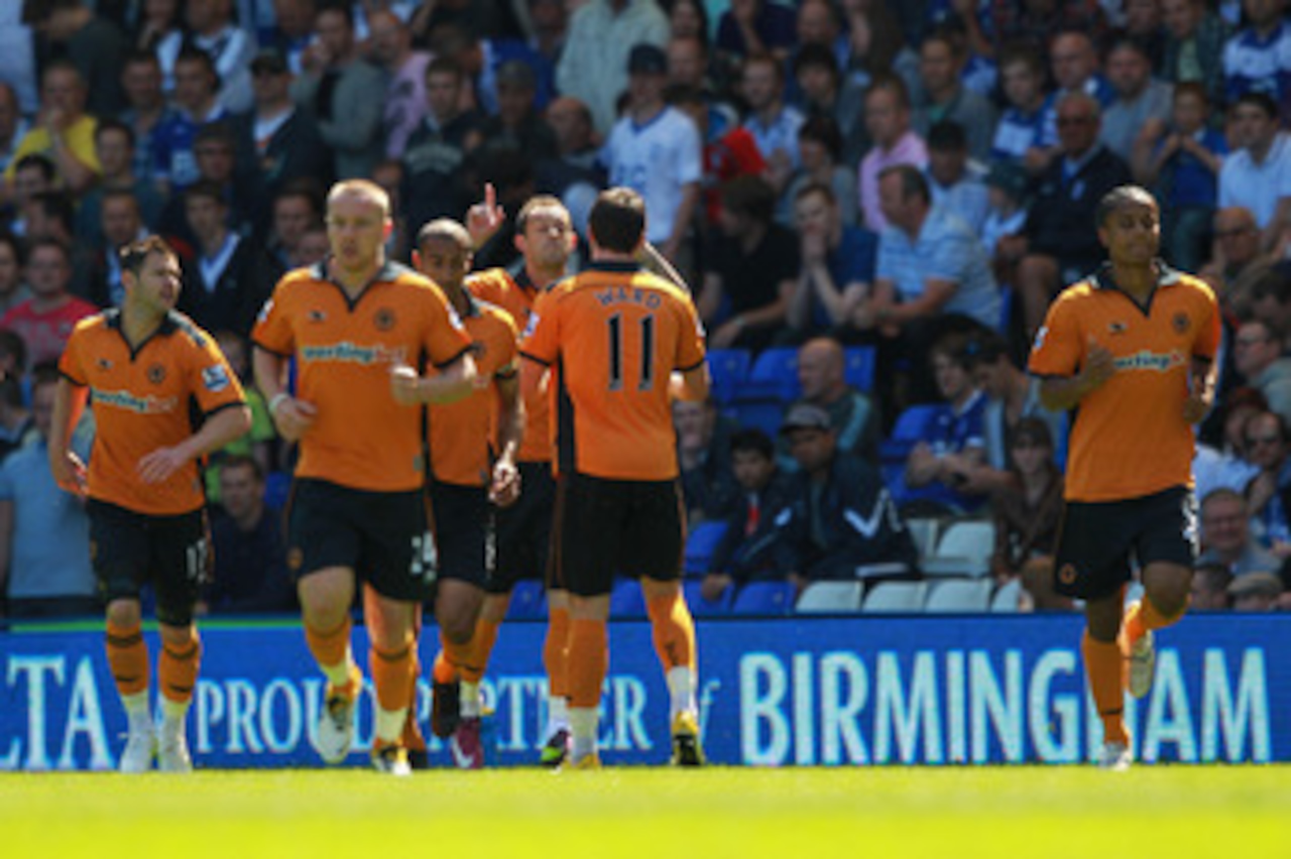 BIRMINGHAM, ENGLAND - MAY 01:  Steven Fletcher of Wolves is congratulated by team mates after he scores a penalty during the Barclays Premier League match between Birmingham City and Wolverhampton Wanderers at St Andrews on May 1, 2011 in Birmingham, Engl