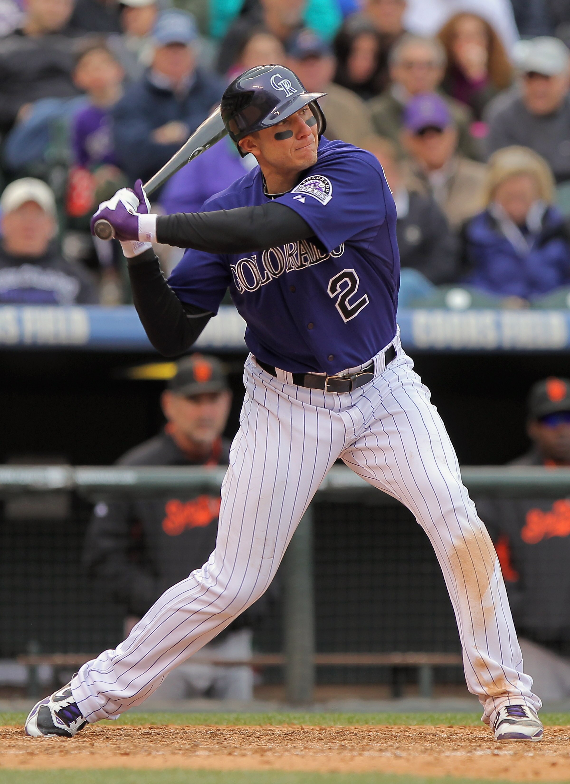DENVER, CO - APRIL 20:  Shortstop Troy Tulowitzki #2 of the Colorado Rockies takes an at bat against the San Francisco Giants at Coors Field on April 20, 2011 in Denver, Colorado.  (Photo by Doug Pensinger/Getty Images)