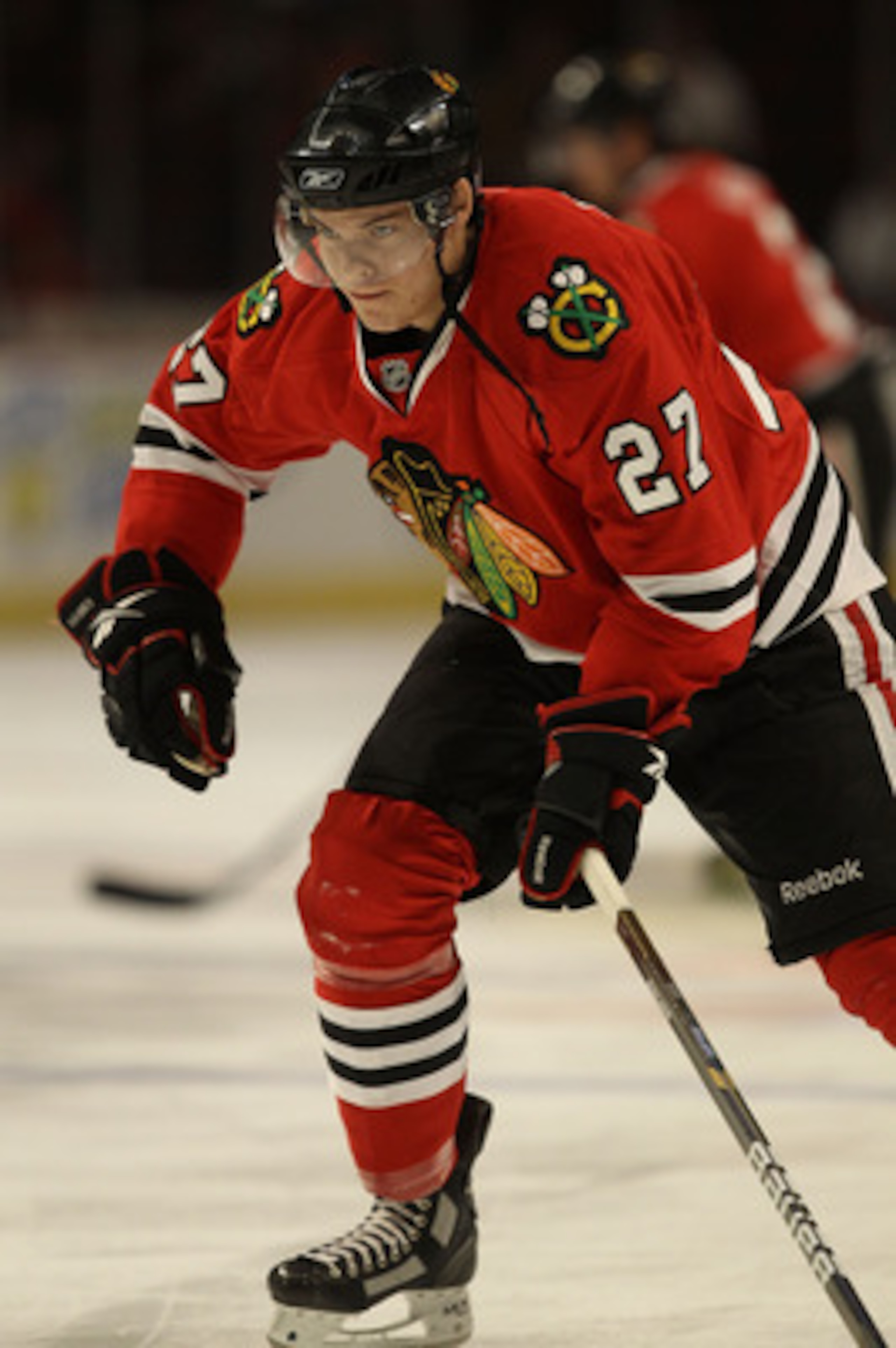 CHICAGO - OCTOBER 01: Jeremy Morin #27 of the Chicago Blackhawks warms-up before a pre-season game against the Pittsburgh Penguins at the United Center on October 1, 2010 in Chicago, Illinois. The Blackhawks defeated the Penguins 5-2. (Photo by Jonathan D