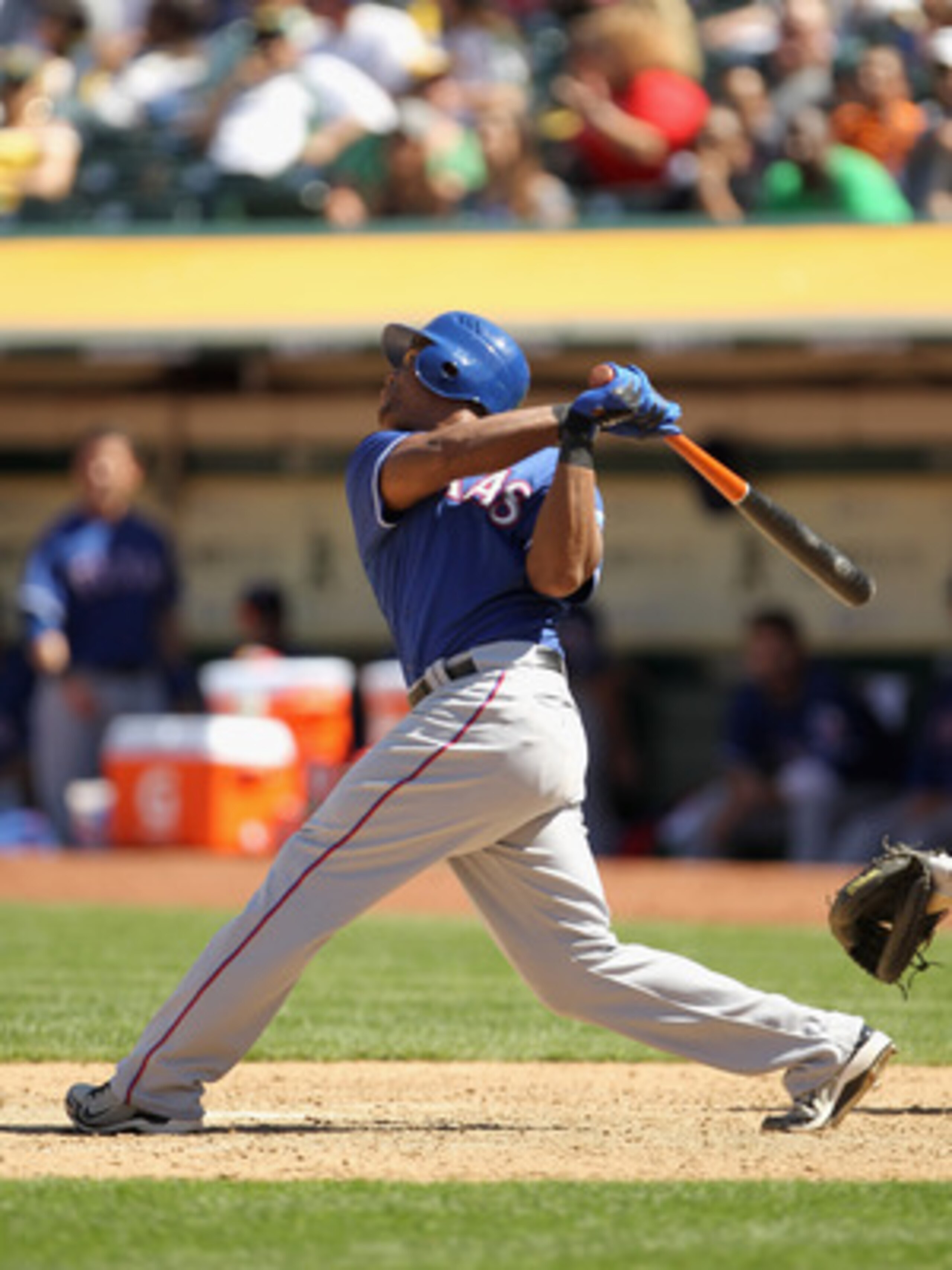 OAKLAND, CA - APRIL 30: Adrian Beltre #29 of the Texas Rangers hits the ball to the shortstop in the eighth inning against the Oakland Athletics at Oakland-Alameda County Coliseum on April 30, 2011 in Oakland, California. Beltre reached first base safel OAKLAND, CA - APRIL 30: Adrian Beltre #29 of the Texas Rangers hits the ball to the shortstop in the eighth inning against the Oakland Athletics at Oakland-Alameda County Coliseum on April 30, 2011 in Oakland, California. Beltre reached first base safel