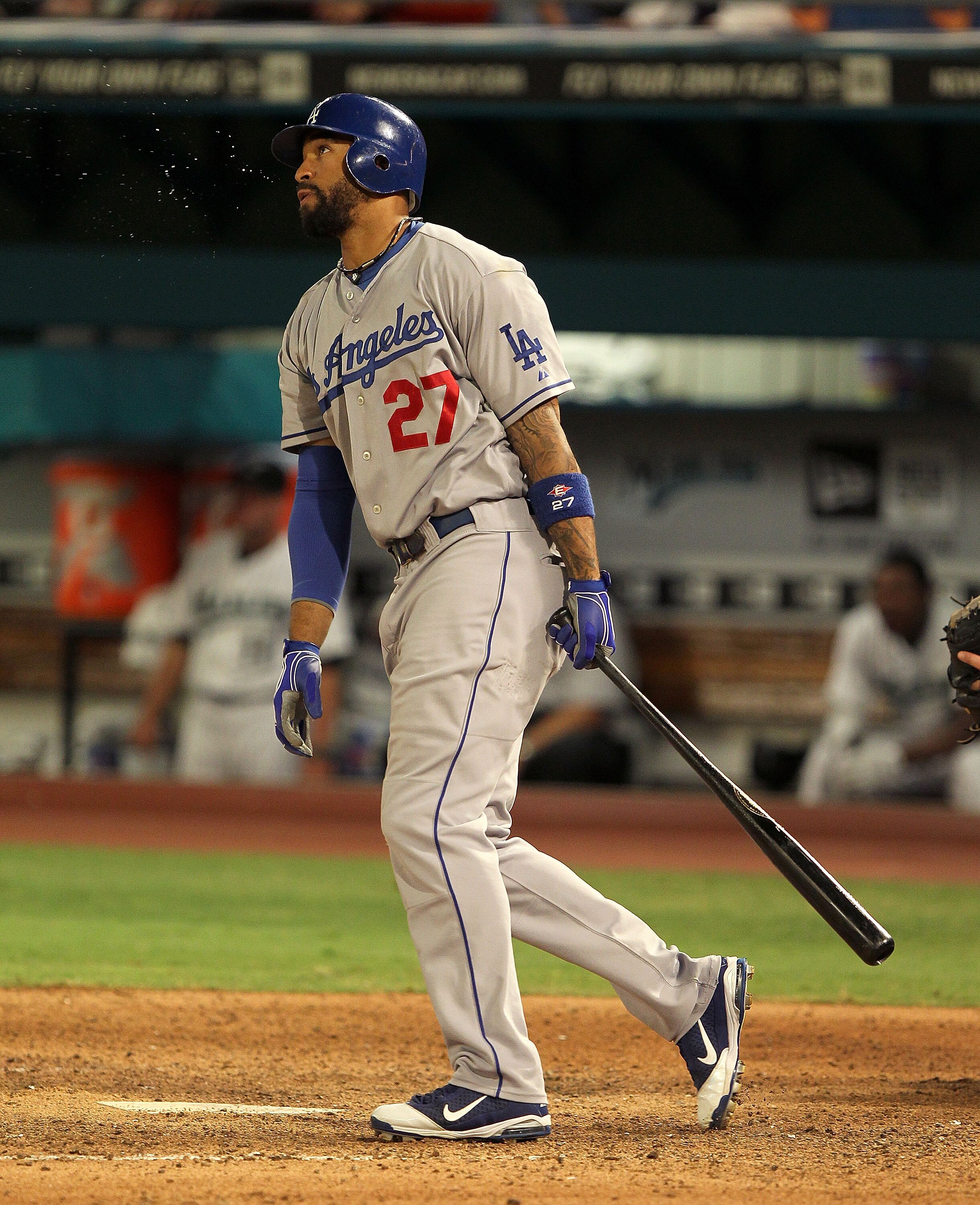 MIAMI GARDENS, FL - APRIL 25:  Matt Kemp #27 of the Los Angeles Dodgers hits a double during a game against the Florida Marlins at Sun Life Stadium on April 25, 2011 in Miami Gardens, Florida.  (Photo by Mike Ehrmann/Getty Images)