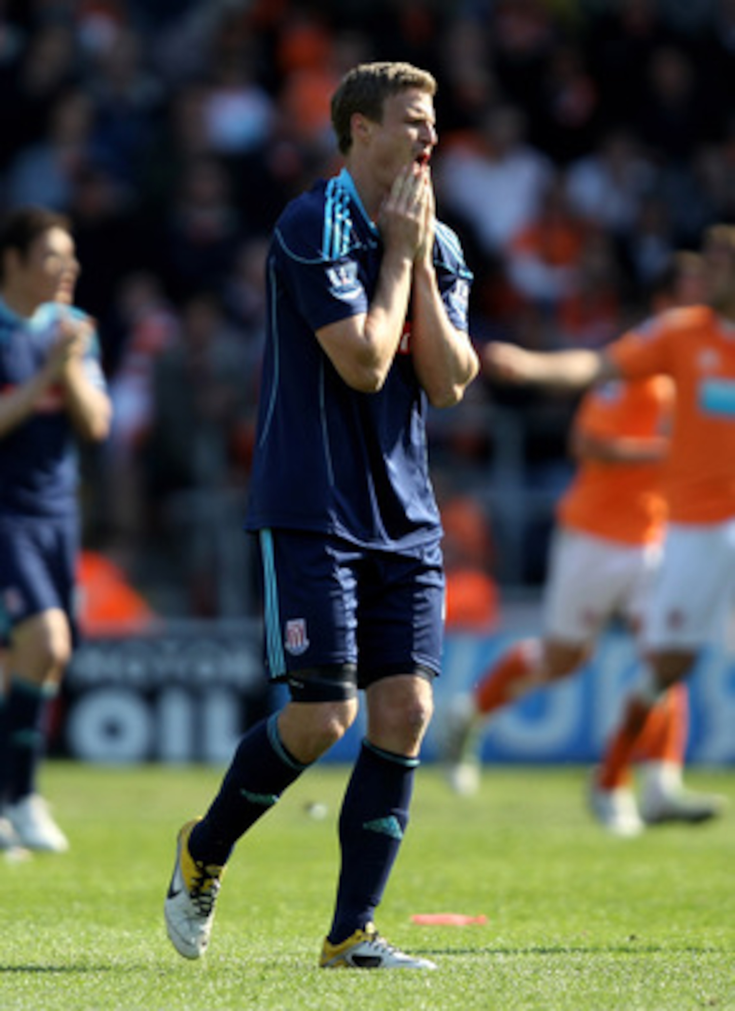 BLACKPOOL, ENGLAND - APRIL 30:  Robert Huth of Stoke City reacts during the Barclays Premier League match between Blackpool and Stoke City at Bloomfield Road on April 30, 2011 in Blackpool, England. (Photo by Clive Brunskill/Getty Images)