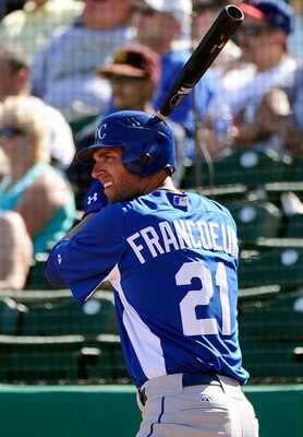 MESA, AZ - MARCH 09: Jeff Francoeur #21 of the Kansas City Royals at bat against the Chicago Cubs during the spring training baseball game at HoHoKam Stadium on March 9, 2011 in Mesa, Arizona. (Photo by Kevork Djansezian/Getty Images) MESA, AZ - MARCH 09: Jeff Francoeur #21 of the Kansas City Royals at bat against the Chicago Cubs during the spring training baseball game at HoHoKam Stadium on March 9, 2011 in Mesa, Arizona. (Photo by Kevork Djansezian/Getty Images)