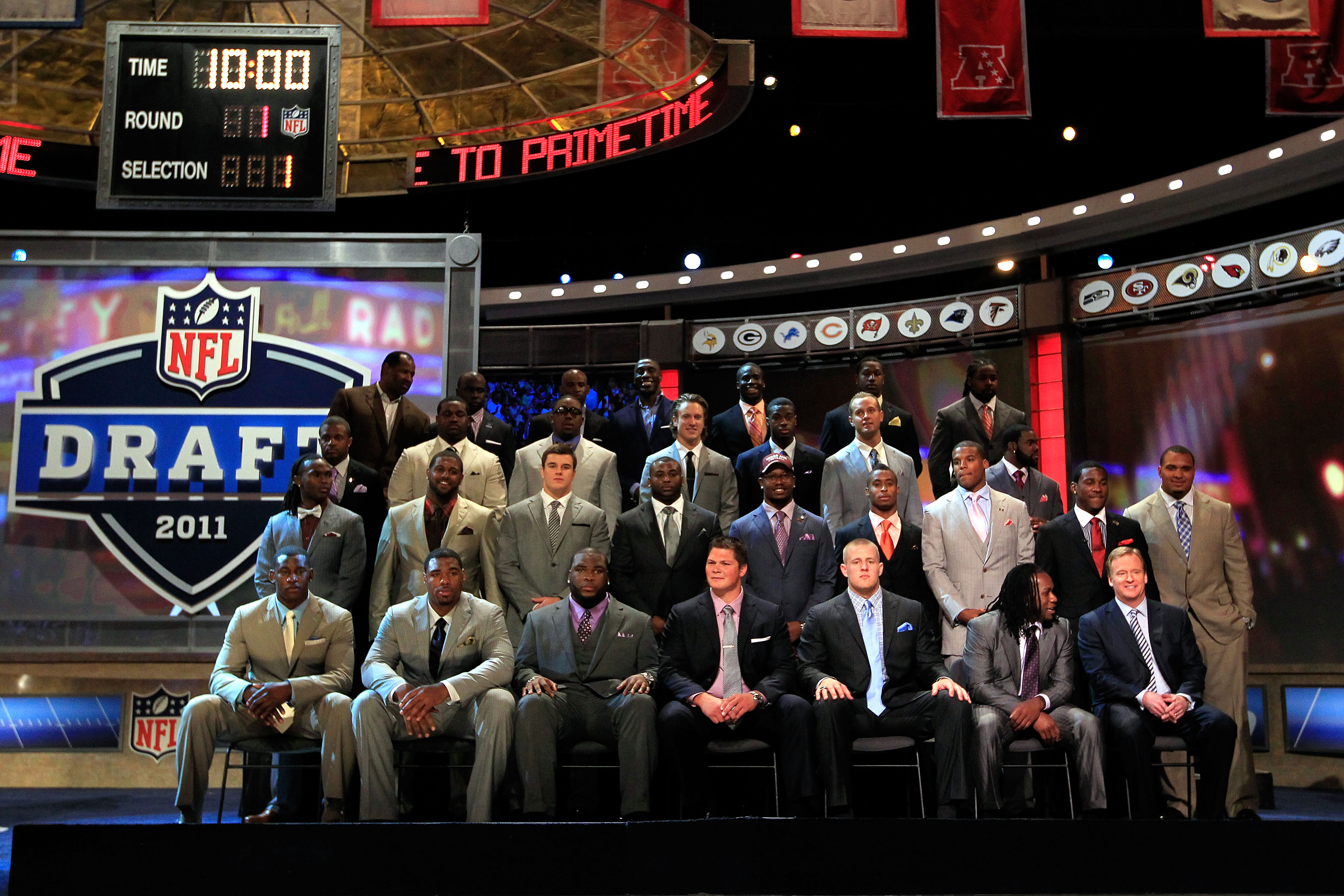 NEW YORK, NY - APRIL 28:  NFL Commissioner Roger Goodell (botom row R) poses for a photo on stage with the members of the 2011 Draft class and the 2011 Pro Football Hall of Fame class during the 2011 NFL Draft at Radio City Music Hall on April 28, 2011 in