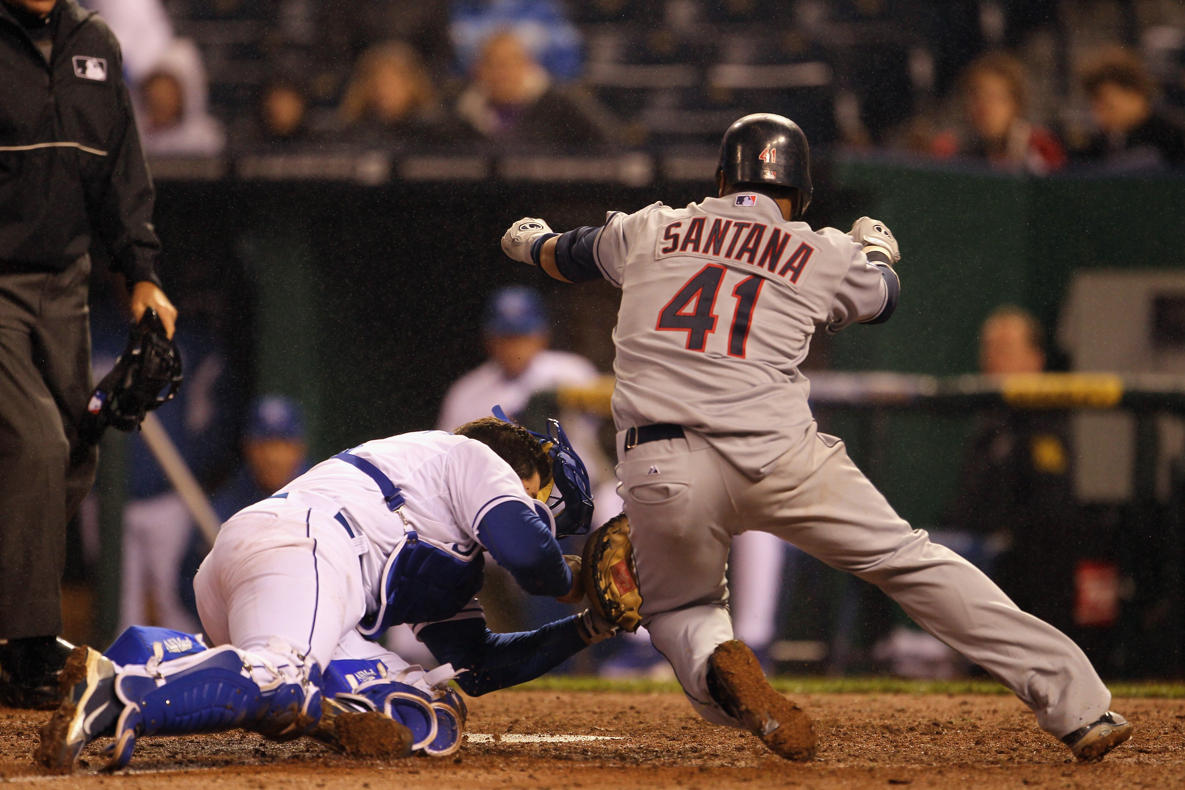KANSAS CITY, MO - APRIL 21:  Catcher Matt Treanor #15 of the Kansas City Royals tags out Carlos Santana #41 of the Cleveland Indians at home plate during the game on April 21, 2011 at Kauffman Stadium in Kansas City, Missouri.  (Photo by Jamie Squire/Gett