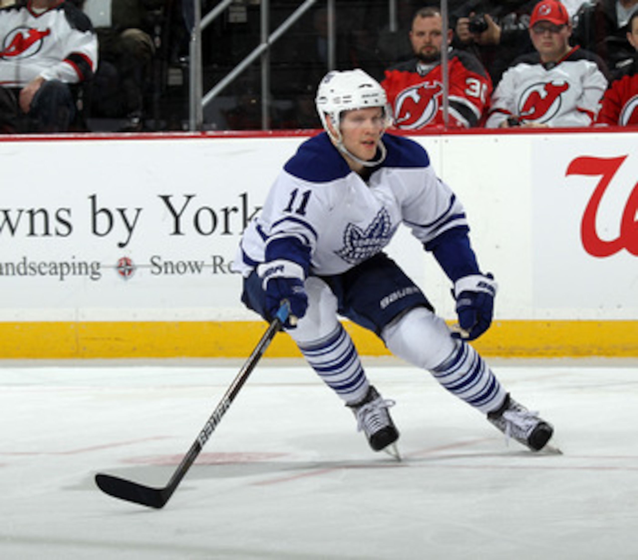 NEWARK, NJ - APRIL 06:  Fredrik Sjostrom #11 of the Toronto Maple Leafs skates against the New Jersey Devils at the Prudential Center on April 6, 2011 in Newark, New Jersey.  (Photo by Bruce Bennett/Getty Images)