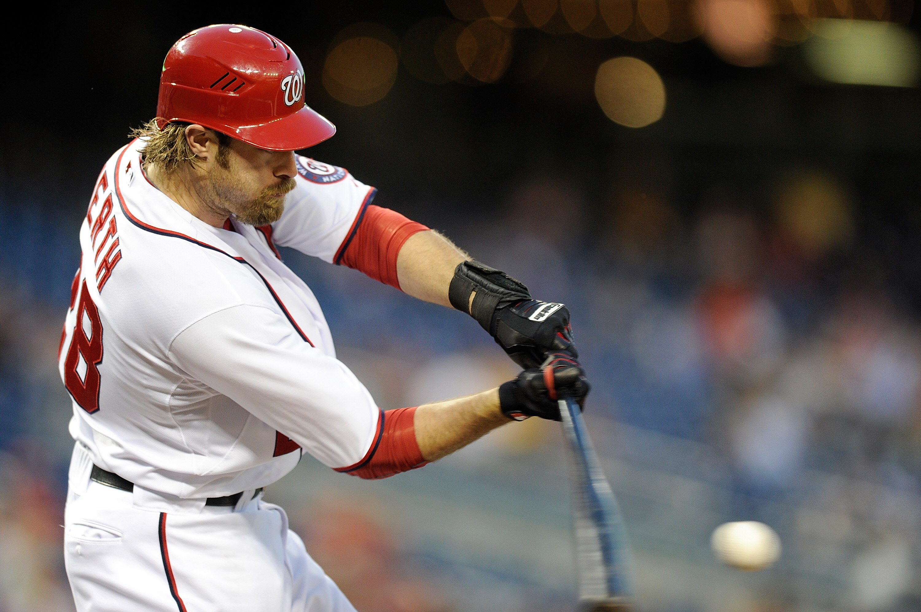 WASHINGTON, DC - APRIL 28:  Jayson Werth #28 of the Washington Nationals hits a double in the third inning against the New York Mets at Nationals Park on April 28, 2011 in Washington, DC.  (Photo by Greg Fiume/Getty Images)