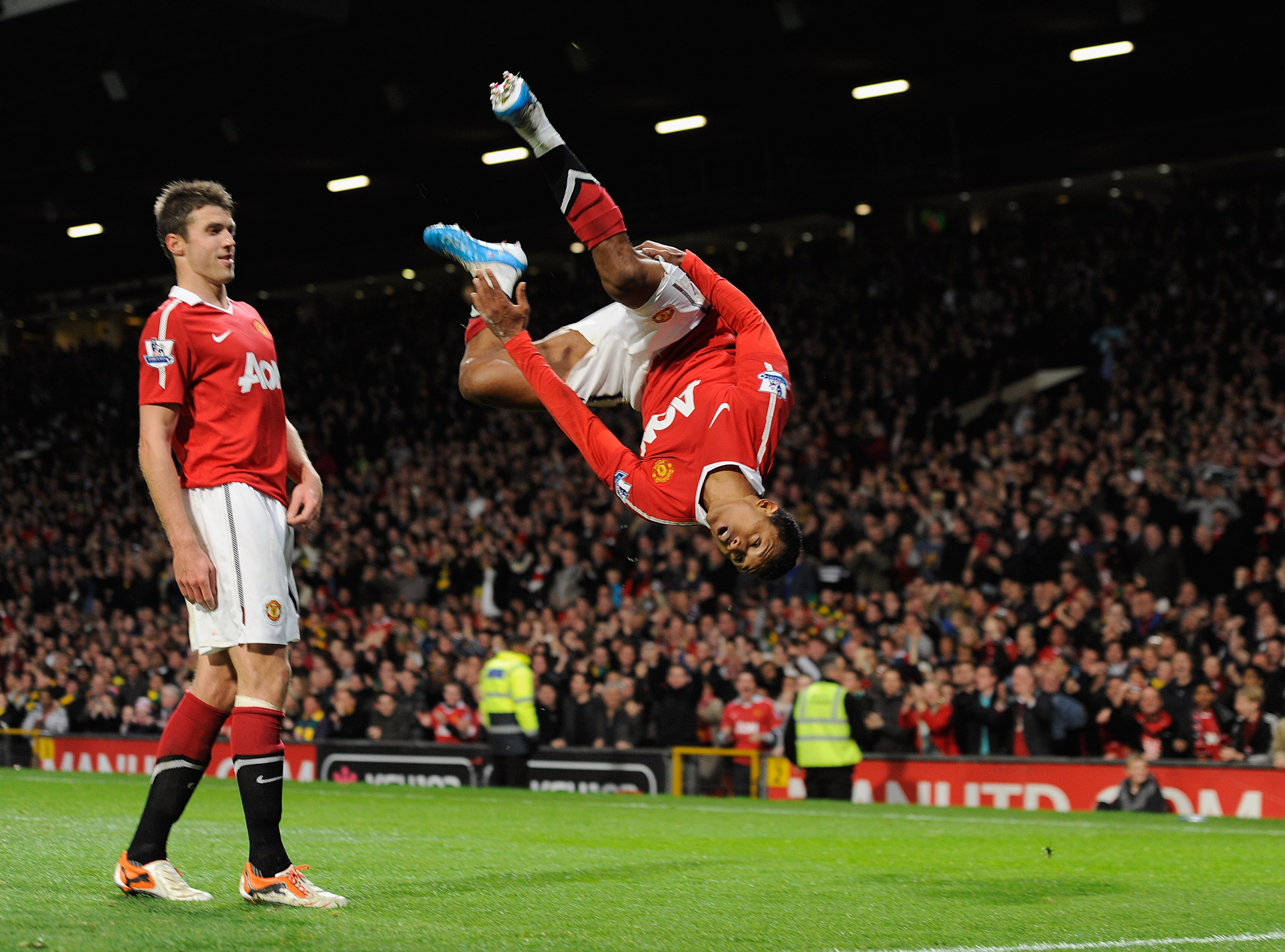 MANCHESTER, ENGLAND - OCTOBER 30: Nani of Manchester United celebrates scoring to make it 2-0 during the Barclays Premier League match between Manchester United and Tottenham Hotspur at Old Trafford on October 30, 2010 in Manchester, England.  (Photo by M