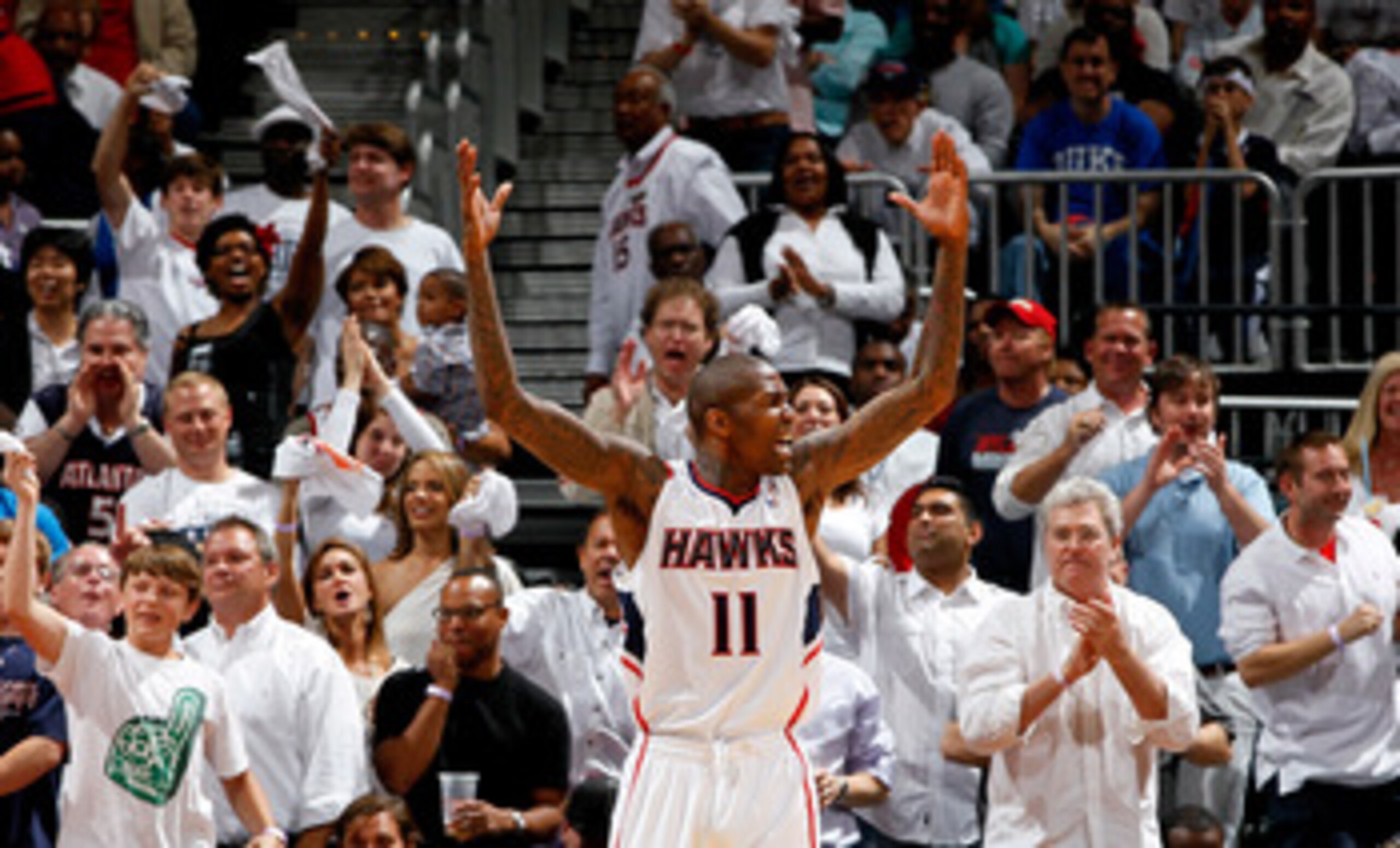 ATLANTA, GA - APRIL 28:  Jamal Crawford #11 of the Atlanta Hawks reacts to the fans after a basket against the Orlando Magic during Game Six of the Eastern Conference Quarterfinals in the 2011 NBA Playoffs at Philips Arena on April 28, 2011 in Atlanta, Ge