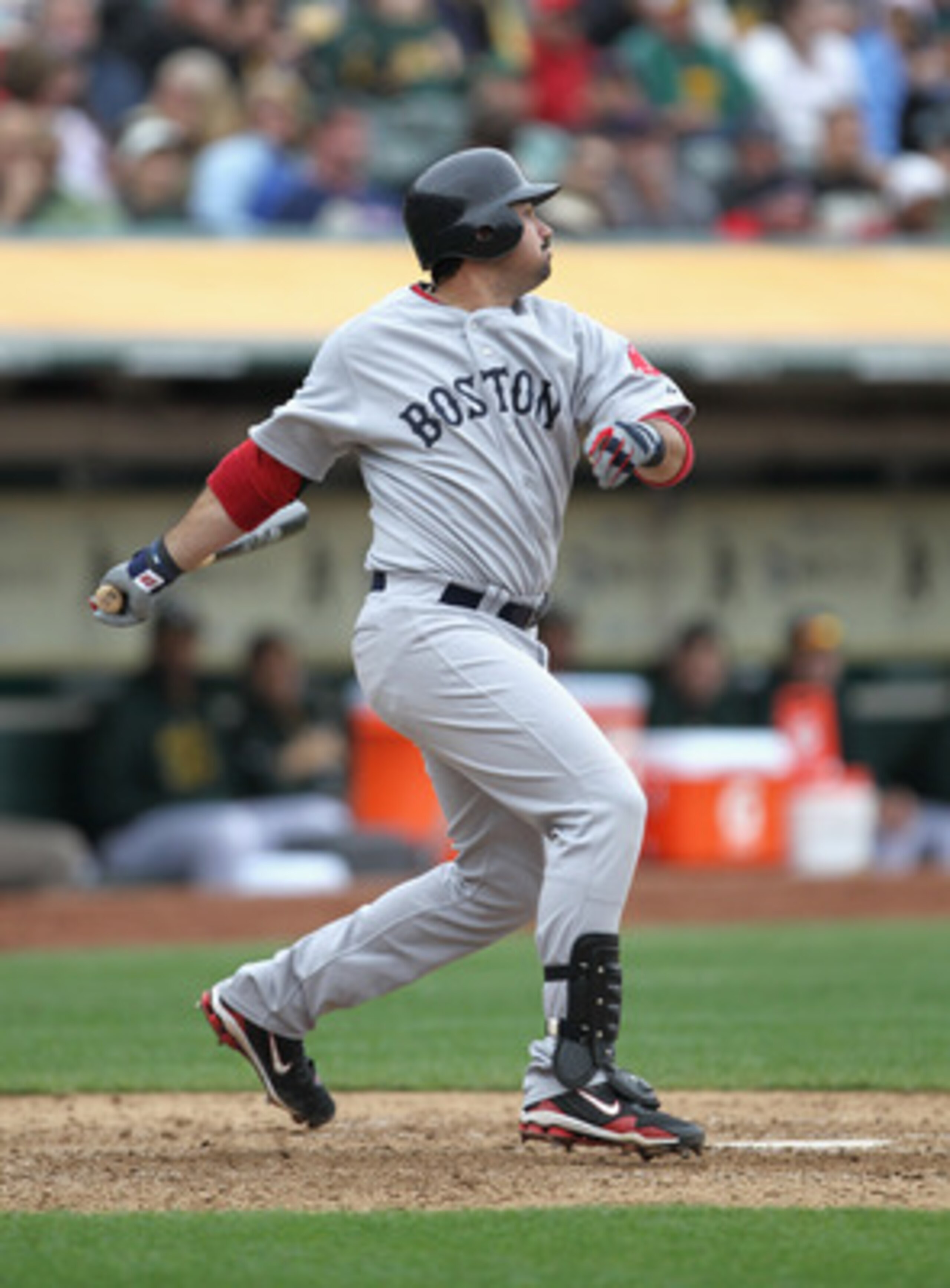 OAKLAND, CA - APRIL 20:  Adrian Gonzalez #28 of the Boston Red Sox in action against the Oakland Athletics at Oakland-Alameda County Coliseum on April 20, 2011 in Oakland, California.  (Photo by Ezra Shaw/Getty Images)