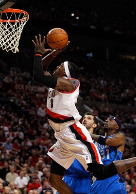 PORTLAND, OR - APRIL 23:  Gerald Wallace #3 of the Portland Trail Blazers lays up the ball against the Dallas Mavericks in Game Four of the Western Conference Quarterfinals in the 2011 NBA Playoffs on April 23, 2011 at the Rose Garden in Portland, Oregon.