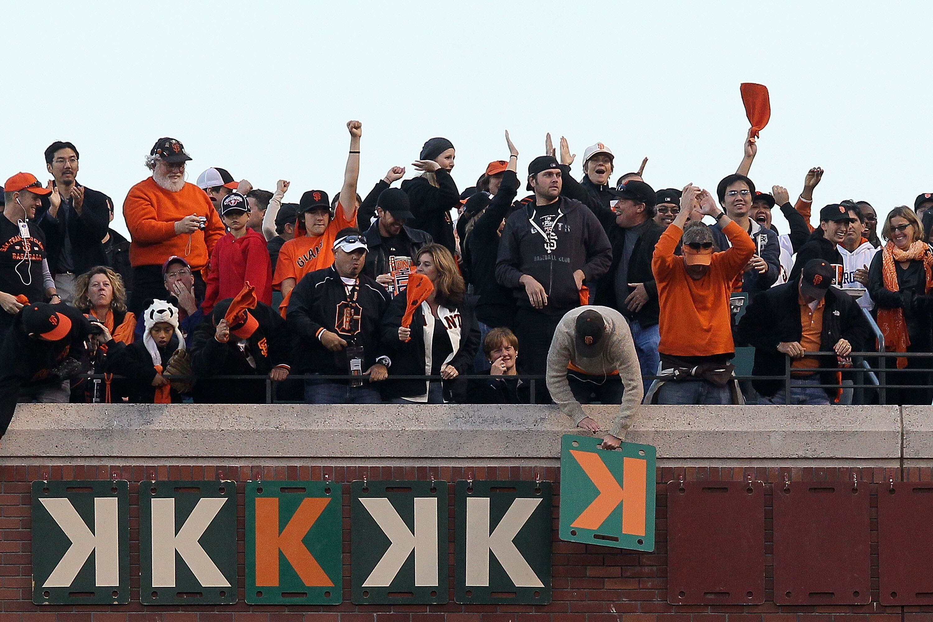 SAN FRANCISCO - OCTOBER 20:  A fan hangs a 'K' after a sixth strikeout for Madison Bumgarner #40 of the San Francisco Giants against the Philadelphia Phillies in Game Four of the NLCS during the 2010 MLB Playoffs at AT&T Park on October 20, 2010 in San Fr