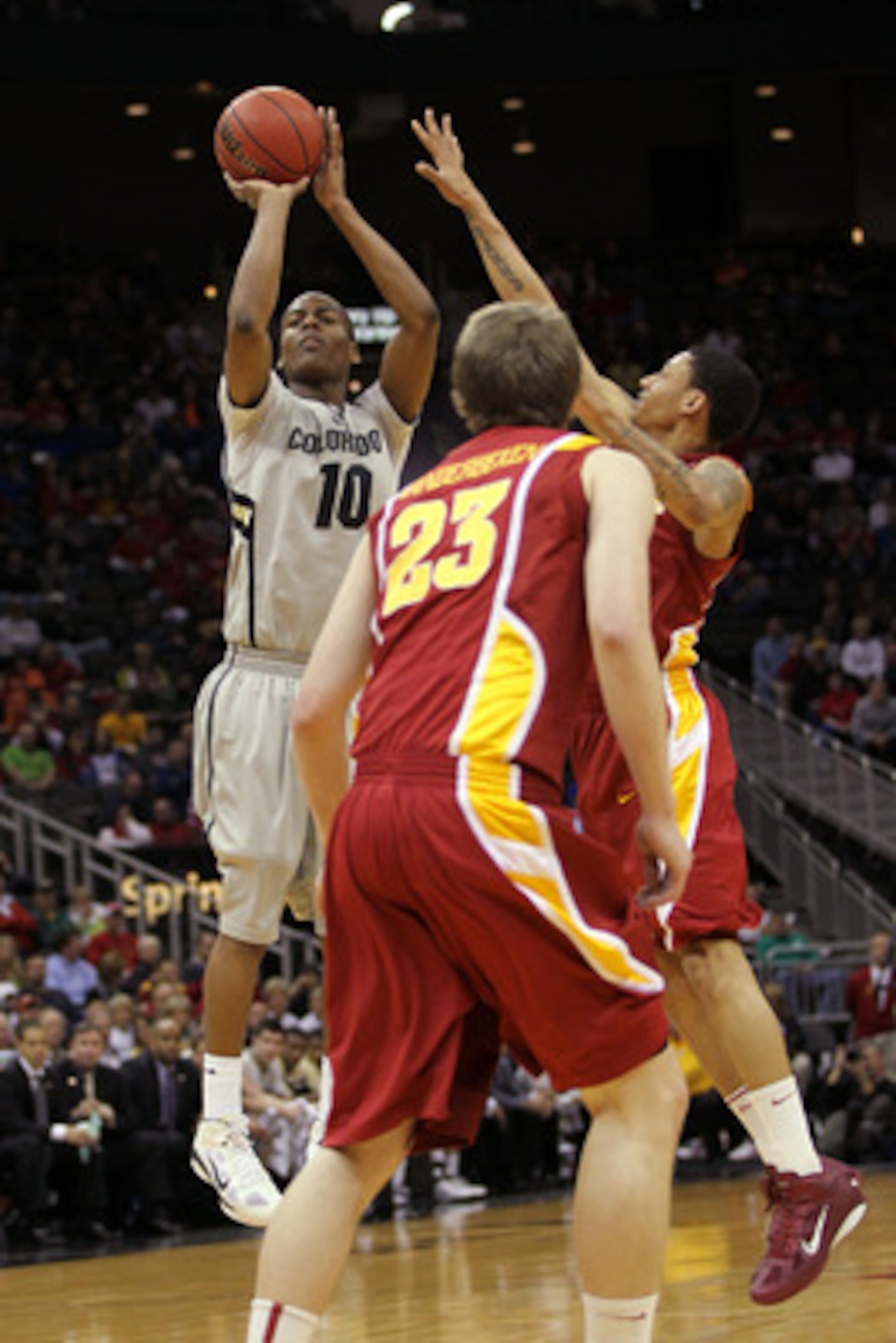 KANSAS CITY, MO - MARCH 09:  Alec Burks #10 of the Colorado Buffaloes takes a shot against the Iowa State Cyclones during their first round game in the 2011 Phillips 66 Big 12 Men's Basketball Tournament at Sprint Center on March 9, 2011 in Kansas City, M