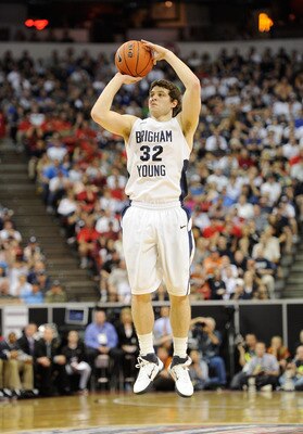LAS VEGAS, NV - MARCH 12:  Jimmer Fredette #32 of the Brigham Young University Cougars shoots a jump shot during the championship game of the Conoco Mountain West Conference Basketball tournament against the San Diego State Aztecs at the Thomas & Mack Cen