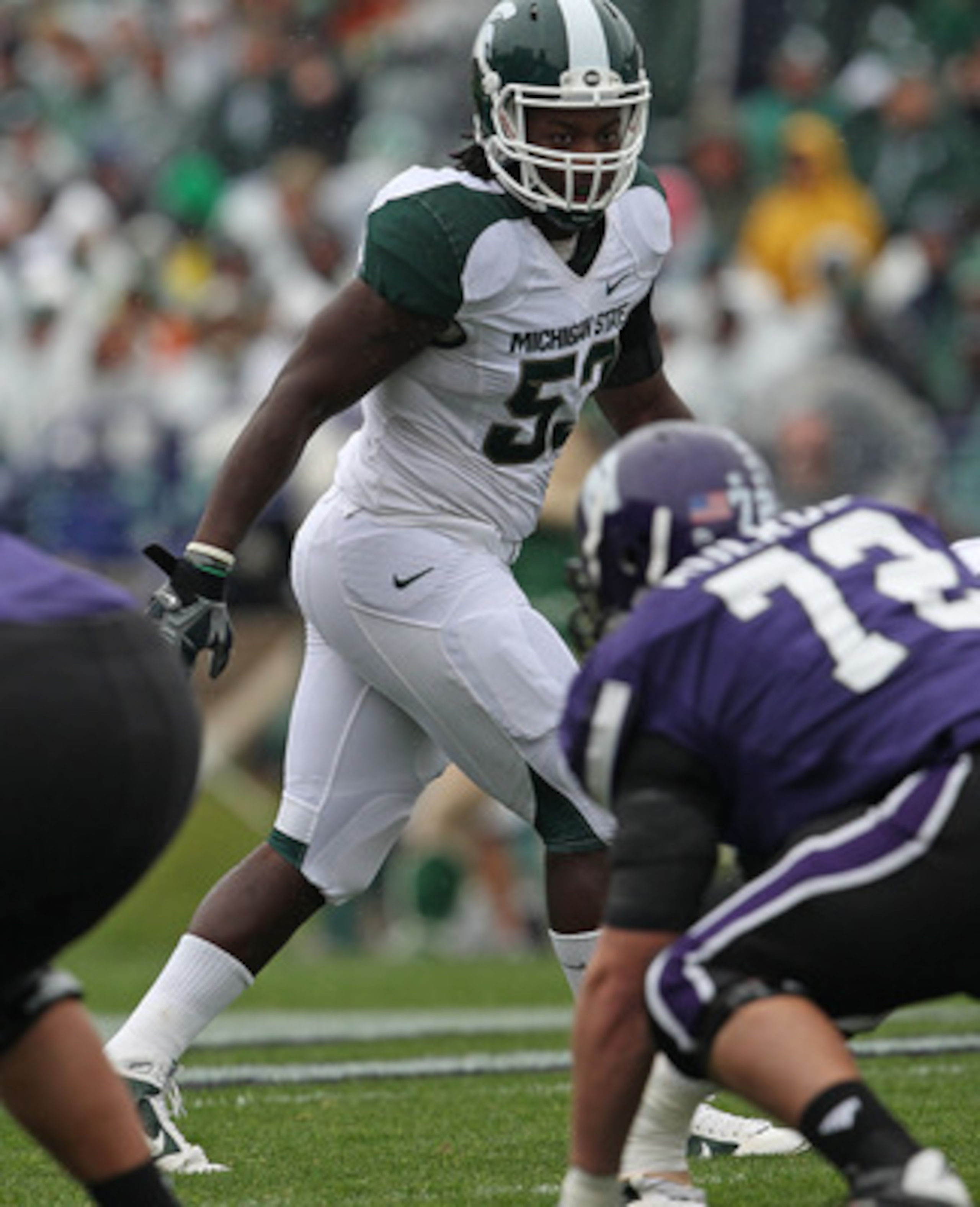 EVANSTON, IL - OCTOBER 23: Greg Jones #53 of the Michigan State Spartans awaits the start of play against the Northwestern Wildcats at Ryan Field on October 23, 2010 in Evanston, Illinois. Michigan State defeated Northwestern 35-27. (Photo by Jonathan Dan