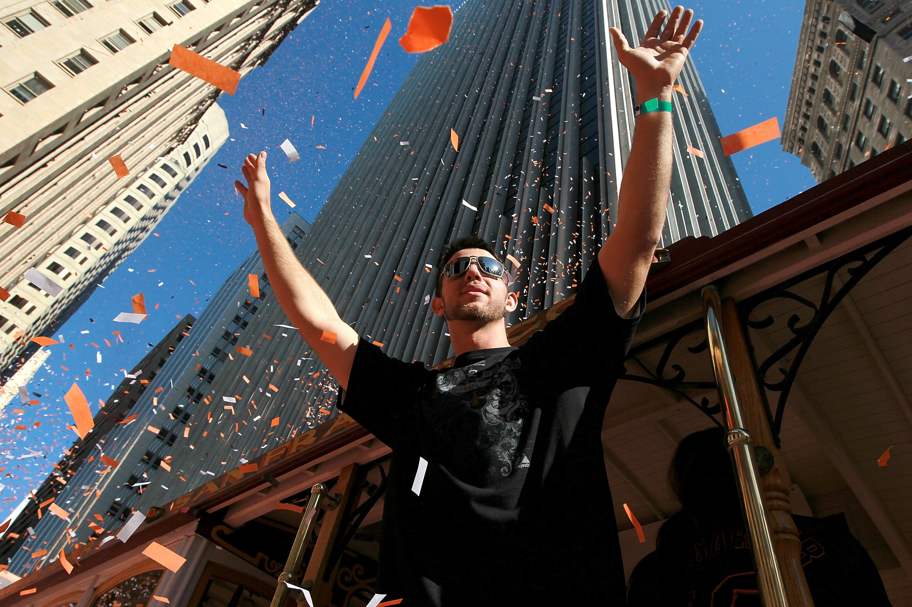SAN FRANCISCO - NOVEMBER 03:  Madison Bumgarner of the San Francisco Giants celebrates during the Giants' vicotry parade on November 3, 2010 in San Francisco, California. Thousands of Giants fans lined the streets of San Francisco to watch the San Francis