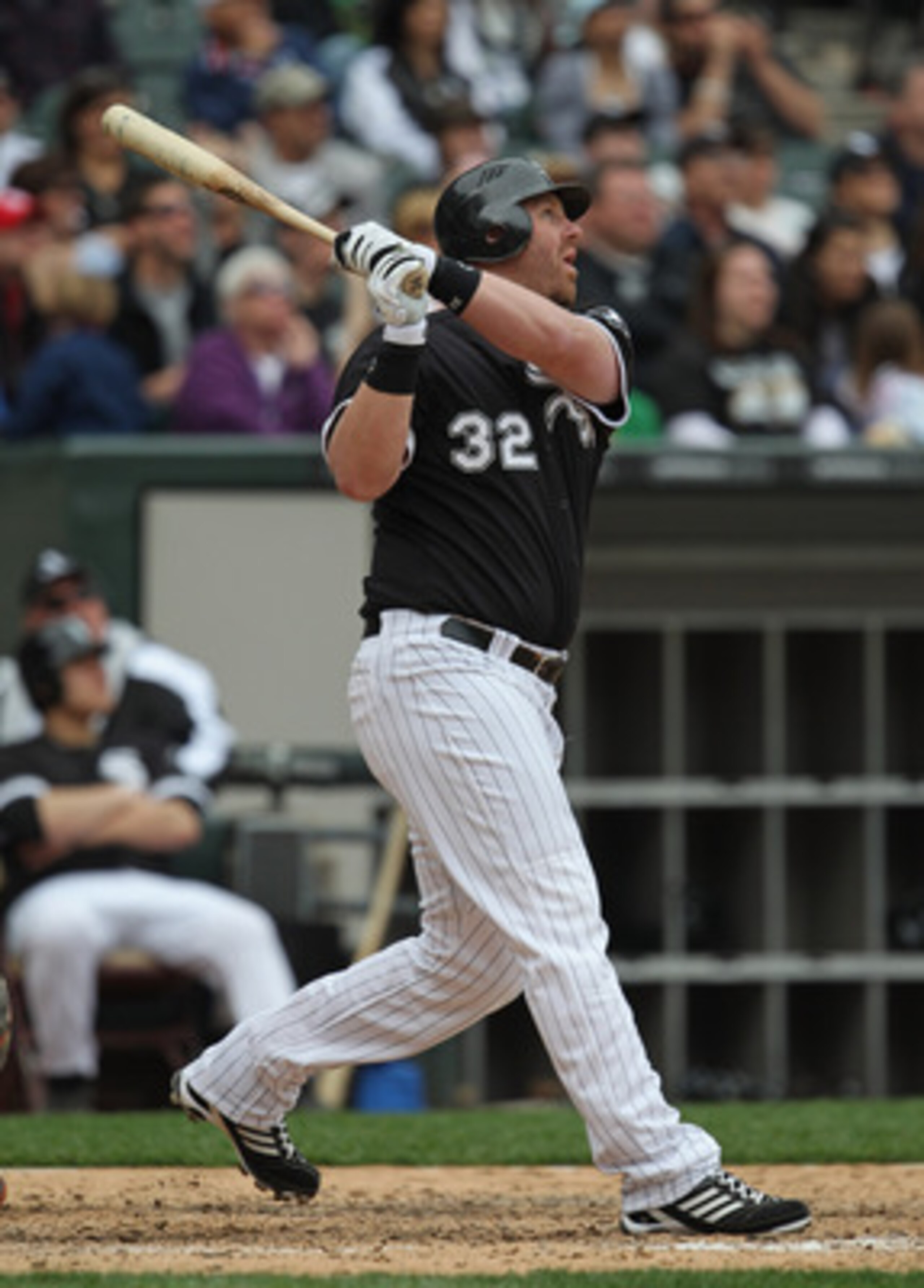 CHICAGO, IL - MAY 01: Adam Dunn #32 of the Chicago White Sox hits a pinch-hit, two-run home run in the 8th inning against the Baltimore Orioles at U.S. Cellular Field on May 1, 2011 in Chicago, Illinois. The Orioles defeated the White Sox 6-4. (Photo by J CHICAGO, IL - MAY 01: Adam Dunn #32 of the Chicago White Sox hits a pinch-hit, two-run home run in the 8th inning against the Baltimore Orioles at U.S. Cellular Field on May 1, 2011 in Chicago, Illinois. The Orioles defeated the White Sox 6-4. (Photo by J