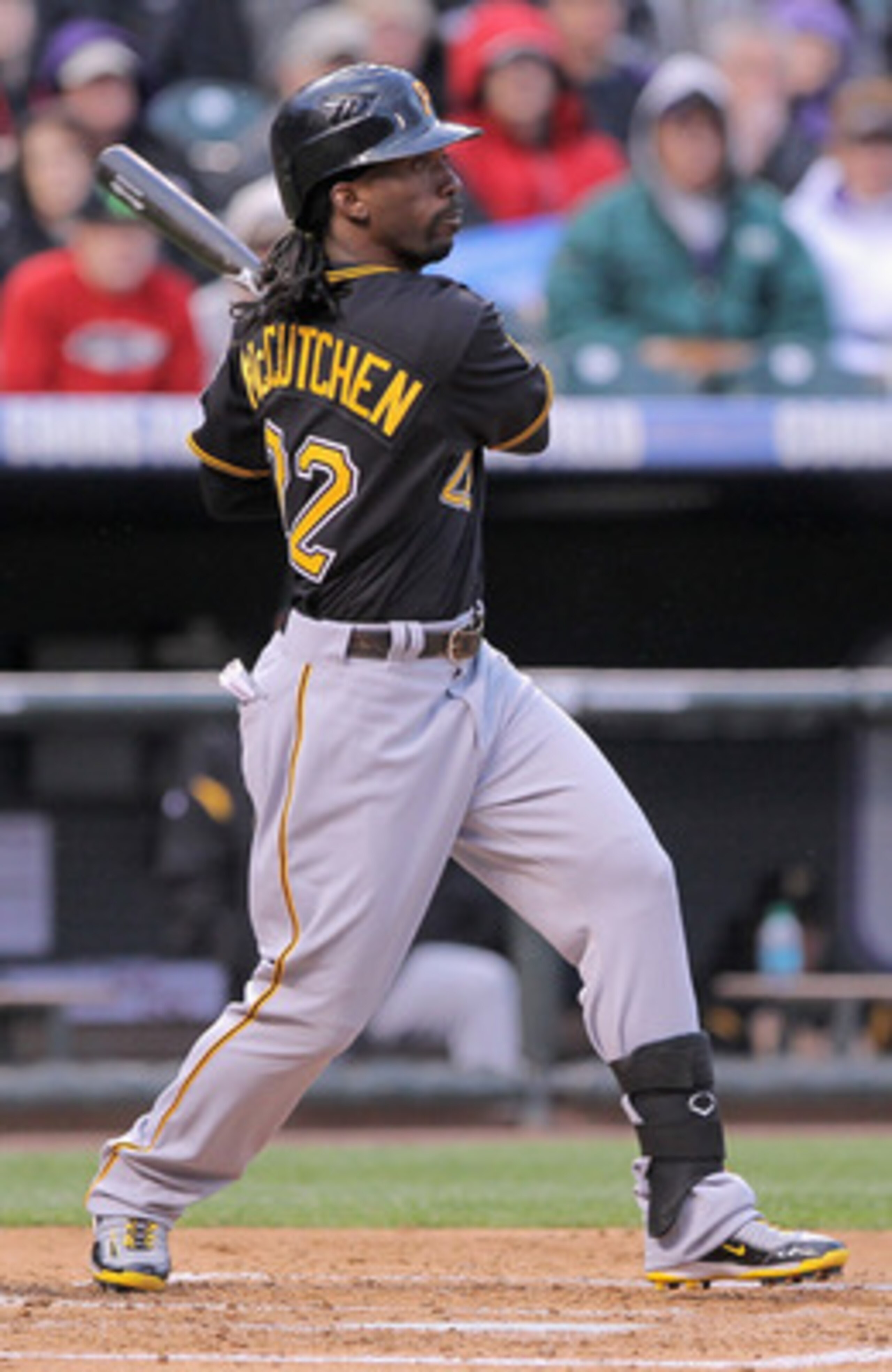DENVER, CO - APRIL 29:  Andrew McCutchen #22 of the Pittsburgh Pirates watches his solo homerun off of starting pitcher Jhoulys Chacin #45 of the Colorado Rockies in the third inning at Coors Field on April 29, 2011 in Denver, Colorado.  (Photo by Doug Pe