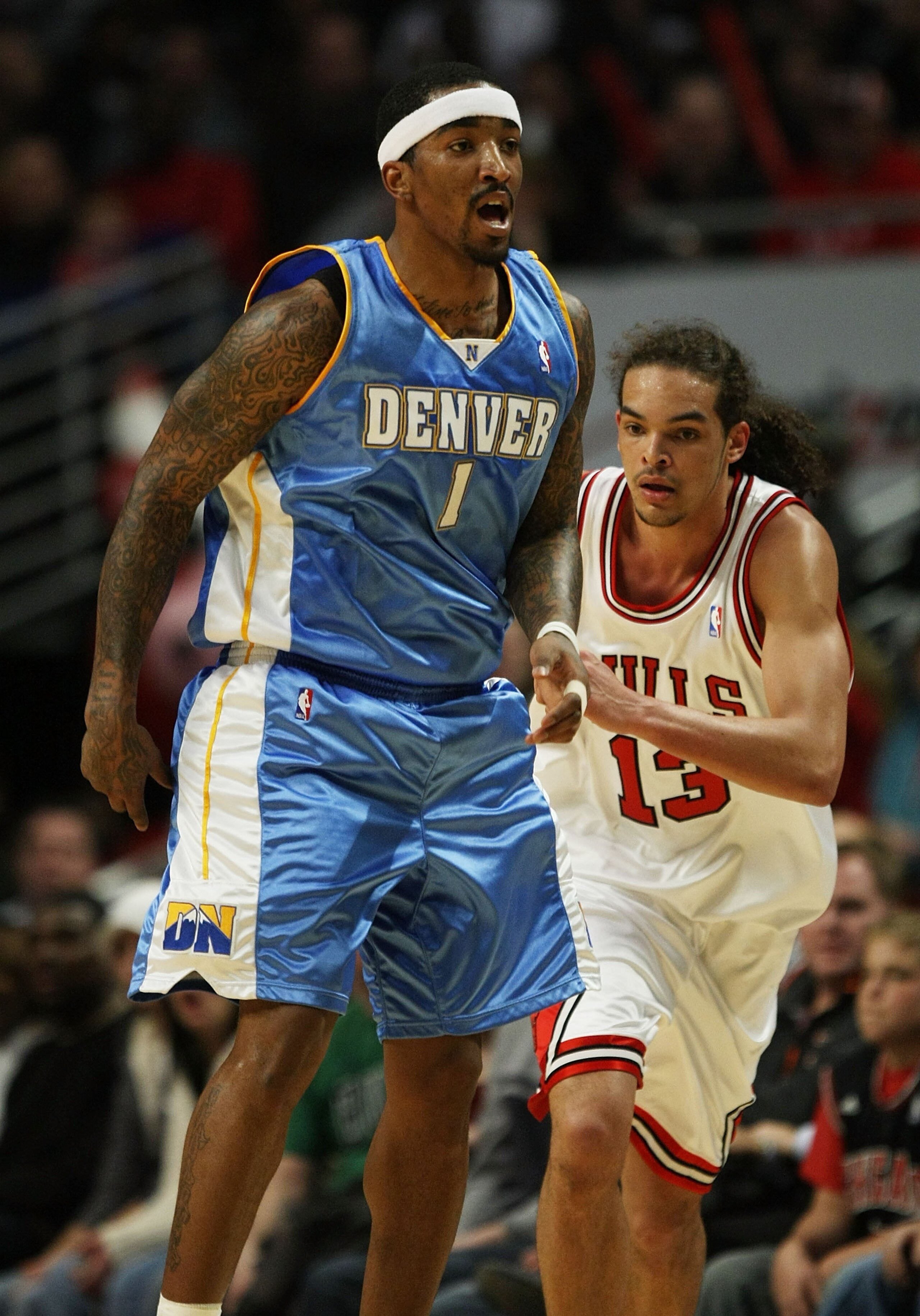 CHICAGO - FEBRUARY 22: J.R. Smith #1 of the Denver Nuggets yells at a referee thinking he was fouled on a missed shot by Joakim Noah #13 of the Chicago Bulls on February 22, 2008 at the United Center in Chicago, Illinois. The Bulls defeated the Nuggets 13