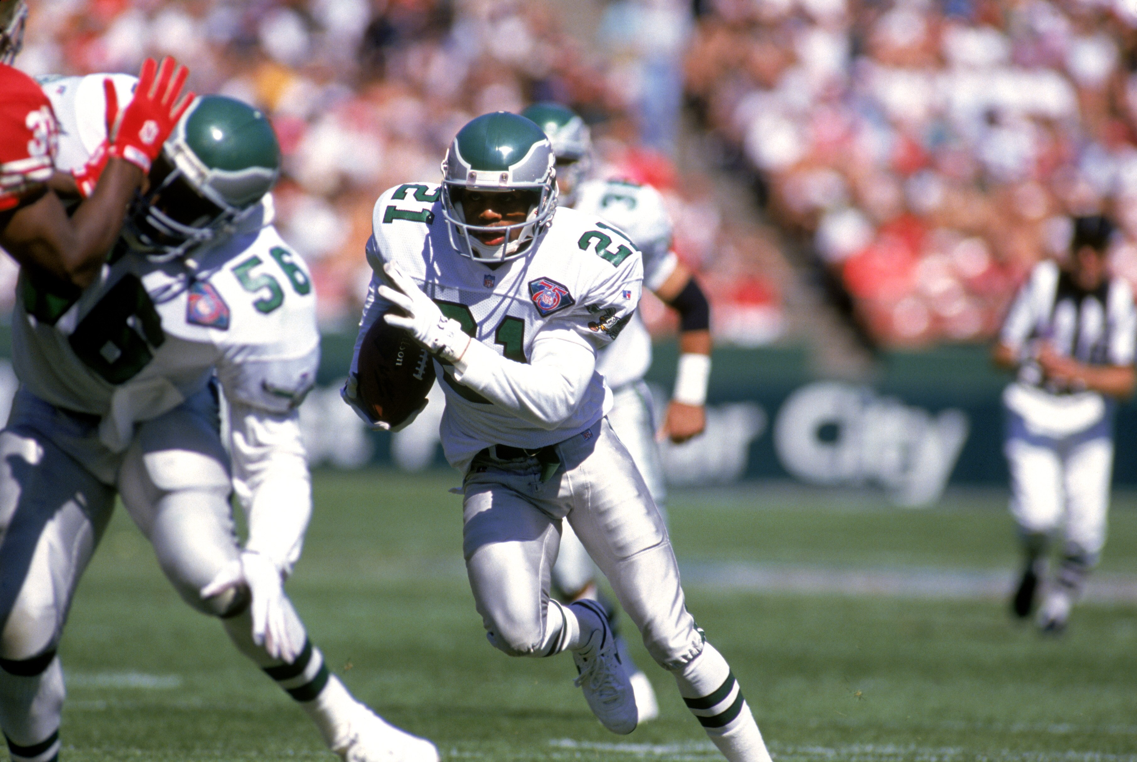 SAN FRANCISCO - OCTOBER 2:  Cornerback Eric Allen #21 of the Philadelphia Eagles runs with the ball during a game against the San Francisco 49ers at Candlestick Park on October 2, 1994 in San Francisco, California.  The Eagles won 40-8.  (Photo by George