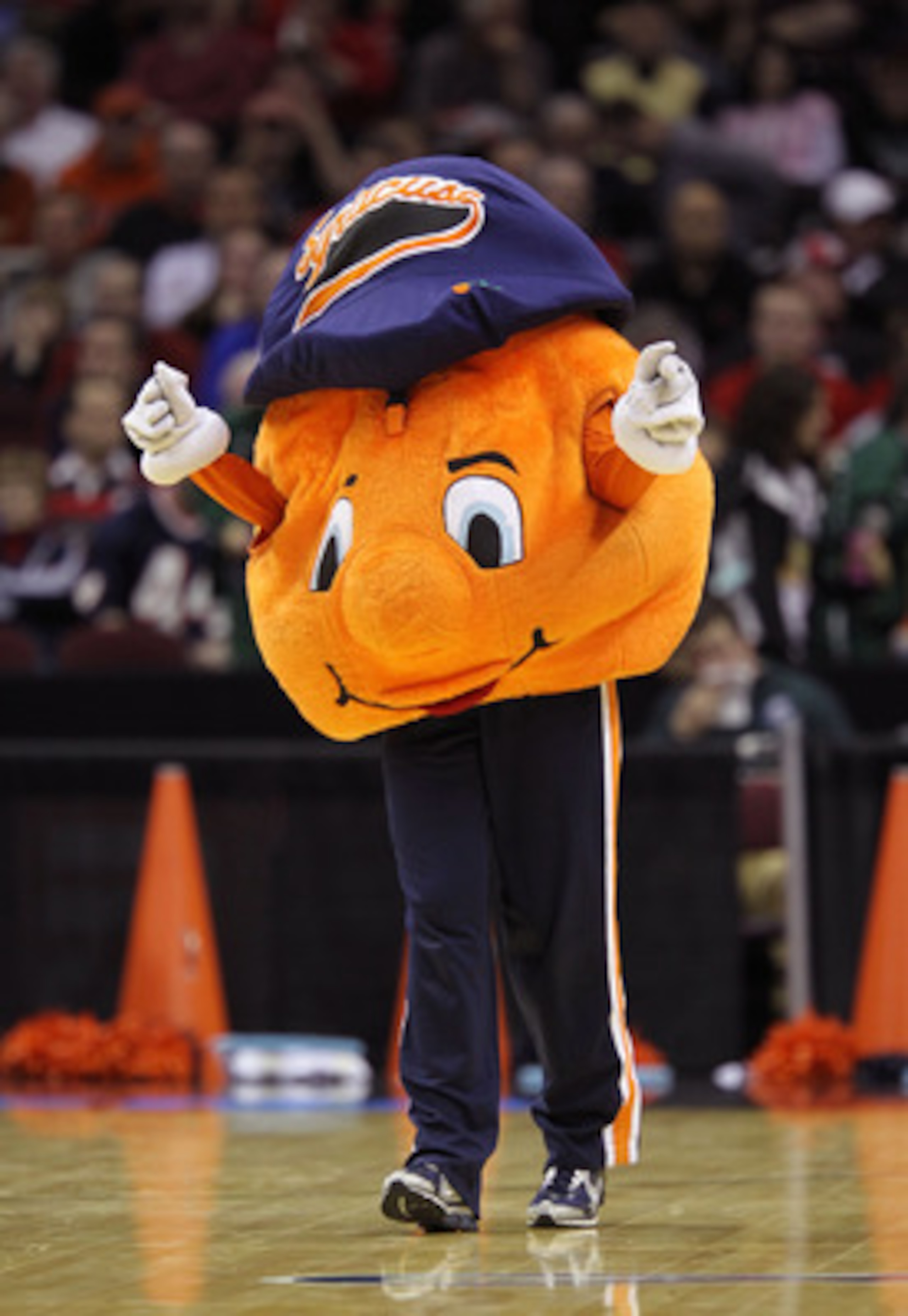 CLEVELAND, OH - MARCH 20: The Syracuse Orange mascot walks on the court during the game against the Marquette Golden Eagles during the third of the 2011 NCAA men's basketball tournament at Quicken Loans Arena on March 20, 2011 in Cleveland, Ohio.  (Photo 