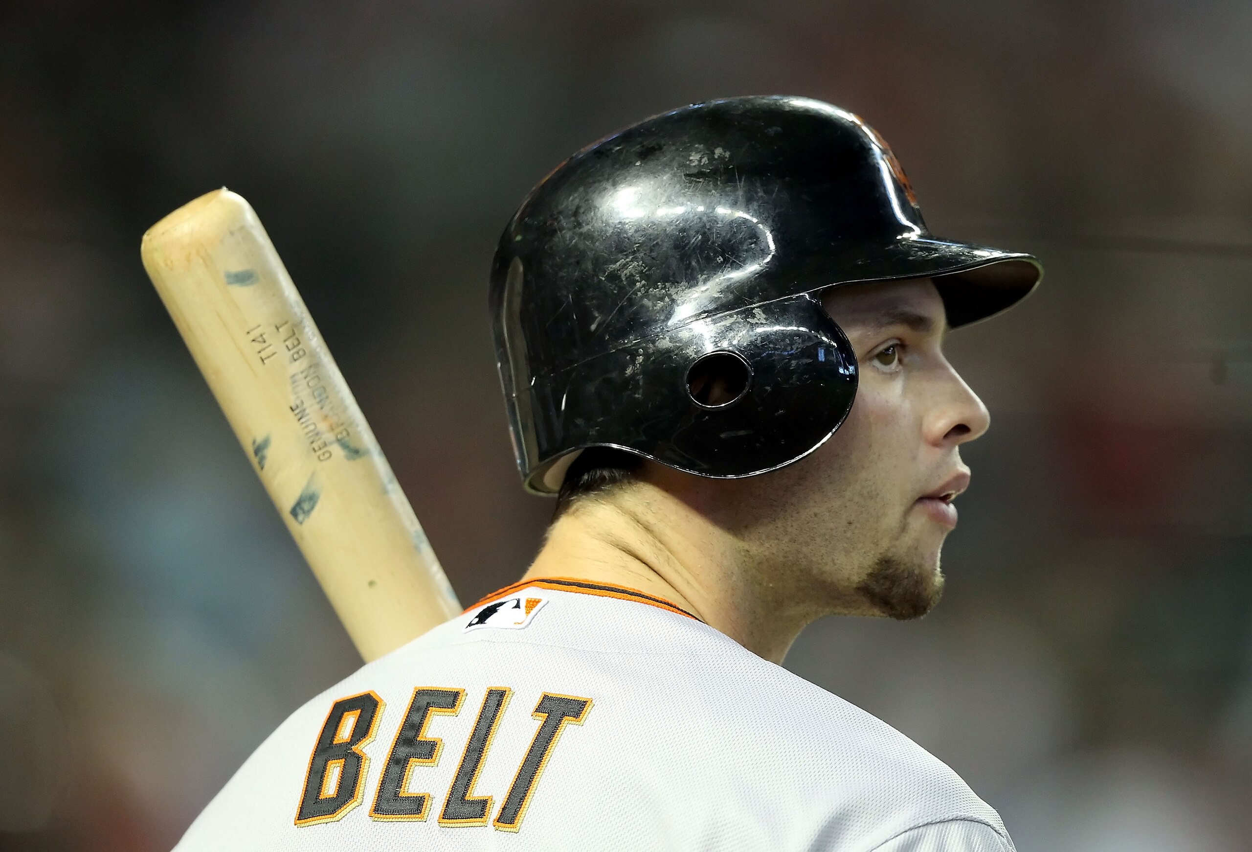 PHOENIX, AZ - APRIL 17:  Brandon Belt #9 of the San Francisco Giants at bat during the Major League Baseball game against the Arizona Diamondbacks at Chase Field on April 17, 2011 in Phoenix, Arizona. The Diamondbacks defeated the Giants 6-5 in the twelft