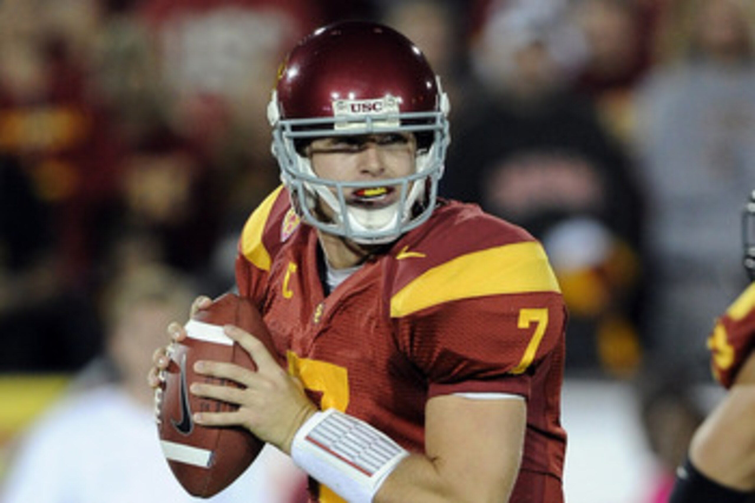 LOS ANGELES, CA - OCTOBER 30:  Matt Barkley #7 of the USC Trojans rolls out of the pocket against the Oregon Ducks at Los Angeles Memorial Coliseum on October 30, 2010 in Los Angeles, California.  (Photo by Harry How/Getty Images)