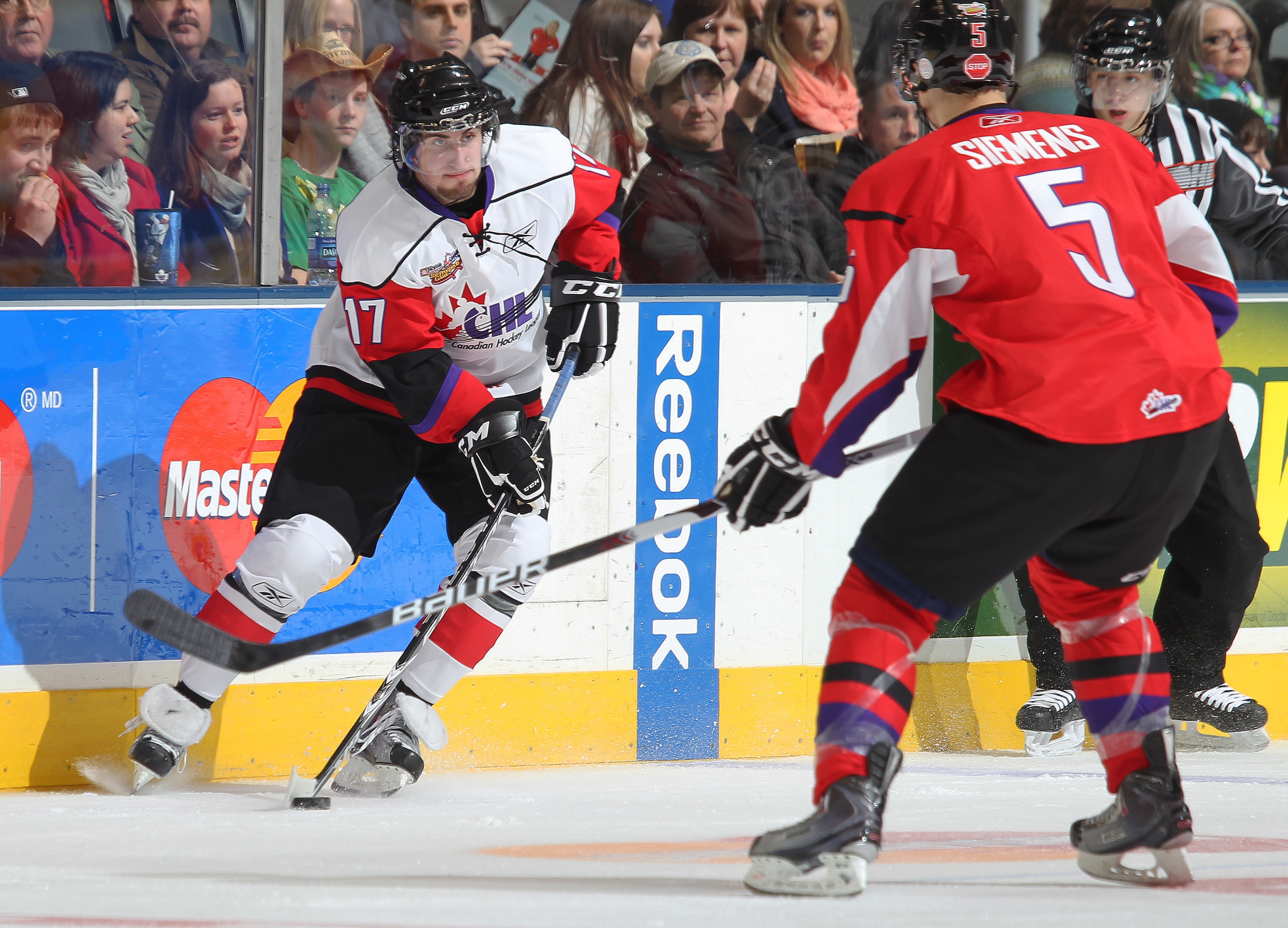 TORONTO, CAN - JANUARY 19:  Duncan Siemens #5 of Team Cherry gets set to try and check Zack Phillips #17 of Team Orr in the 2011 Home Hardware Top Prospects game on January 19, 2011 at the Air Canada Centre in Toronto, Canada. Team Orr defeated Team Cherr
