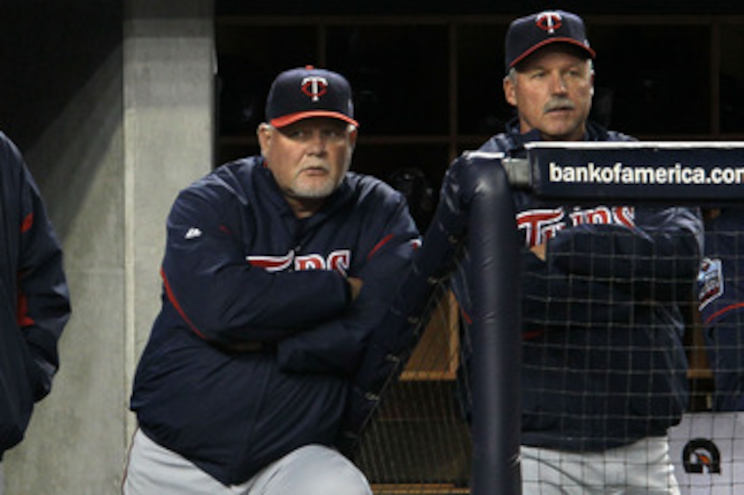 NEW YORK - OCTOBER 09:  Manager Ron Gardenhire (L) #35 of the Minnesota Twins looks on from the dugout late in the game against the New York Yankees  during Game Three of the ALDS part of the 2010 MLB Playoffs at Yankee Stadium on October 9, 2010 in the B