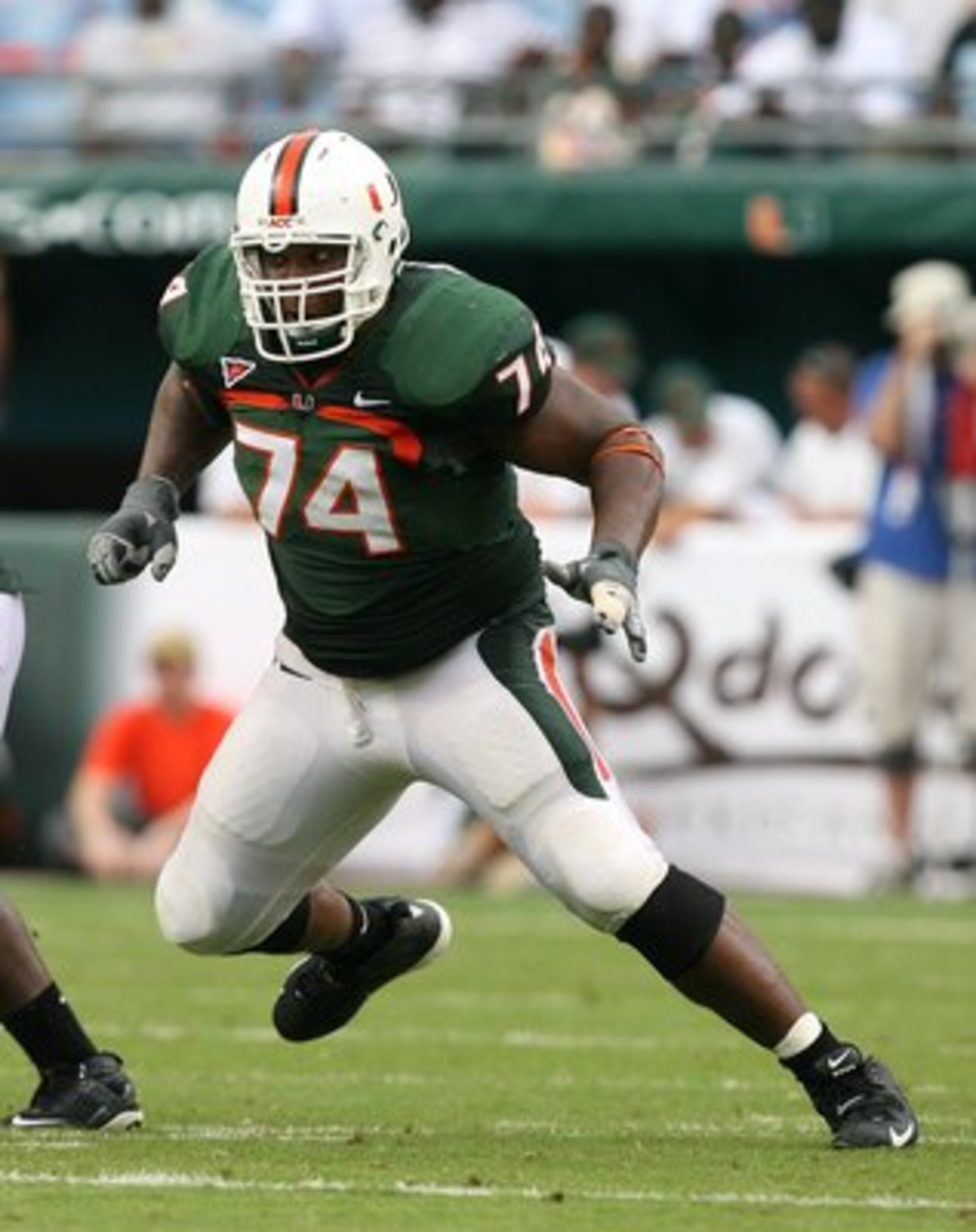 MIAMI - OCTOBER 25:  Offensive lineman Orlando Franklin #74 of the Miami Hurricanes drops back to block while taking on the Wake Forest Demon Decons at Dolphin Stadium on October 25, 2008 in Miami, Florida. Miami defeated Wake Forest 16-10.  (Photo by Dou