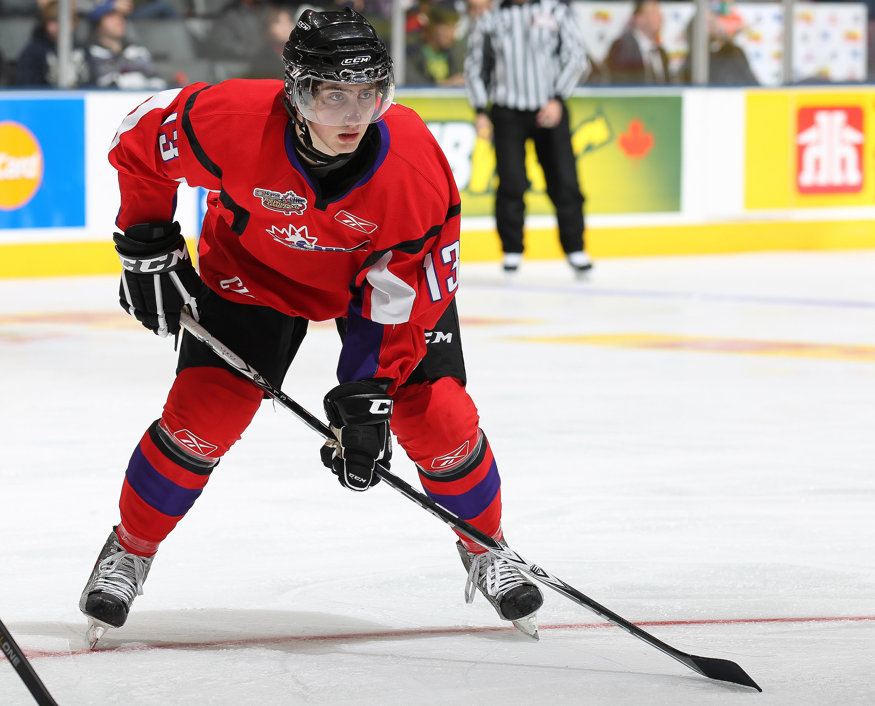 TORONTO, CAN - JANUARY 19:  Tomas Jurco #13 of Team Cherry waits for a faceoff against Team Orr in the 2011 Home Hardware Top Prospects game on January 19, 2011 at the Air Canada Centre in Toronto, Canada. Team Orr defeated Team Cherry 7-1. (Photo by Clau